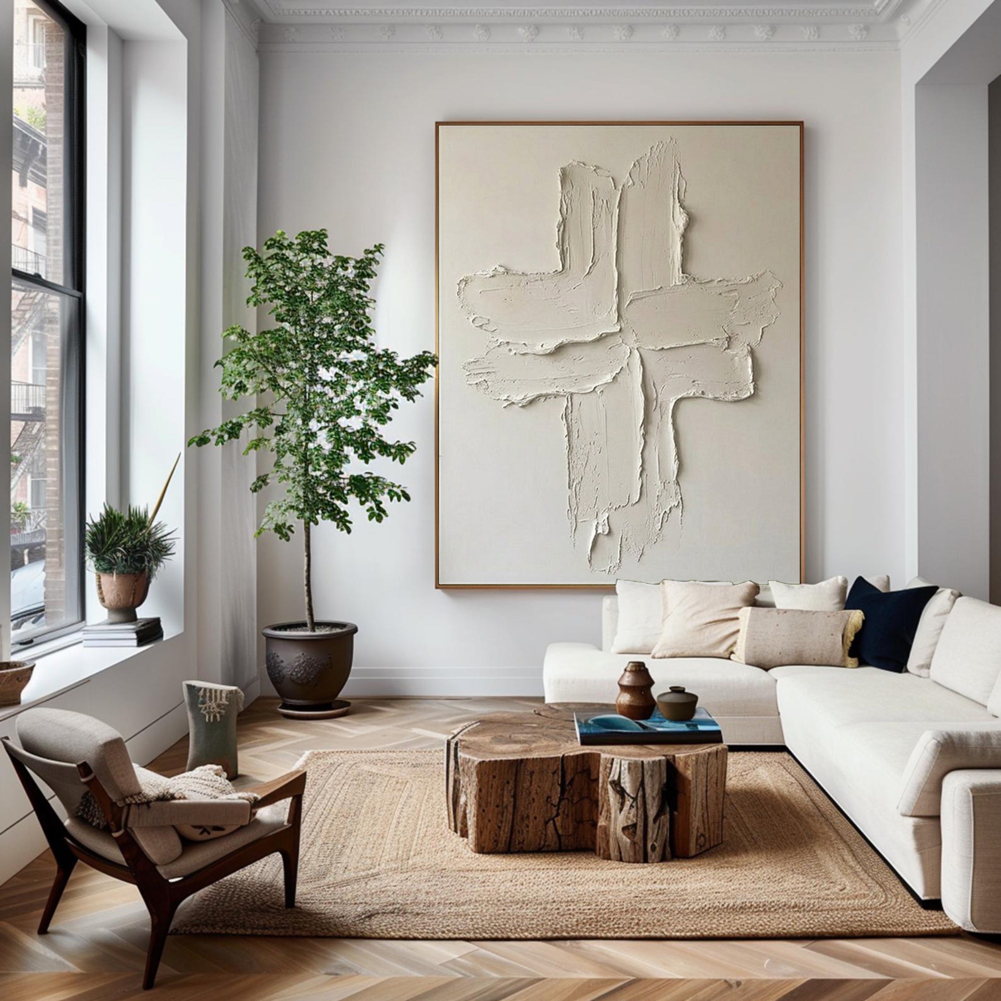 Large Minimalist Oil Painting with Raw Textured Cross Composition