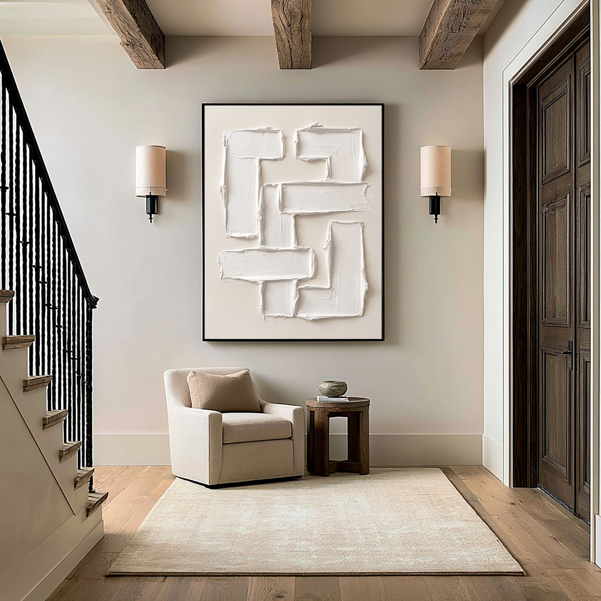 Large Luxury Sculptural Geometric Statement Wall Art Ivory Abstract Textured Oil Painting 3D Impasto Relief Contemporary Home Decor