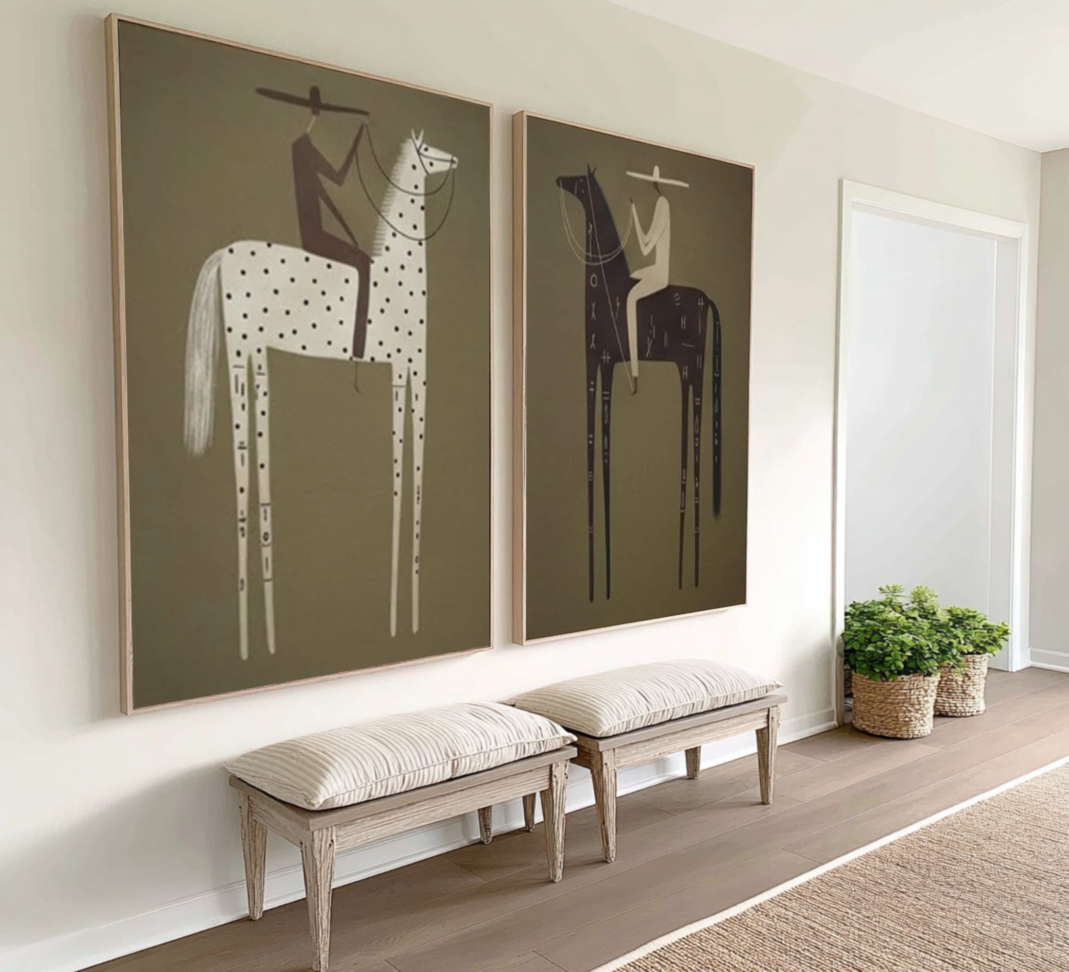 Large Tribal Horse Wall Art Contemporary Equestrian Diptych Painting