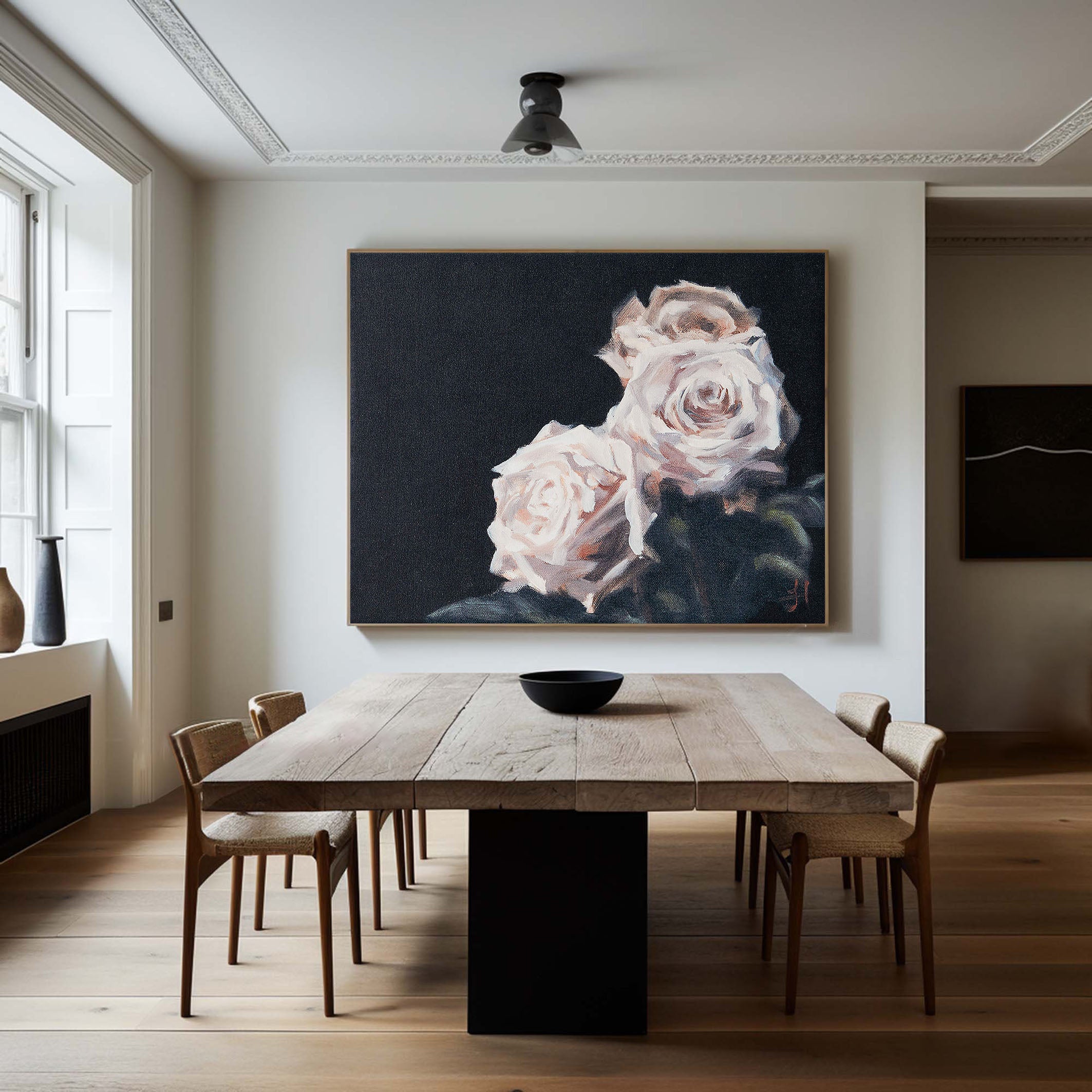 Delicate Rose Blooms In Dark, Contemporary Wall Art #BGA 120