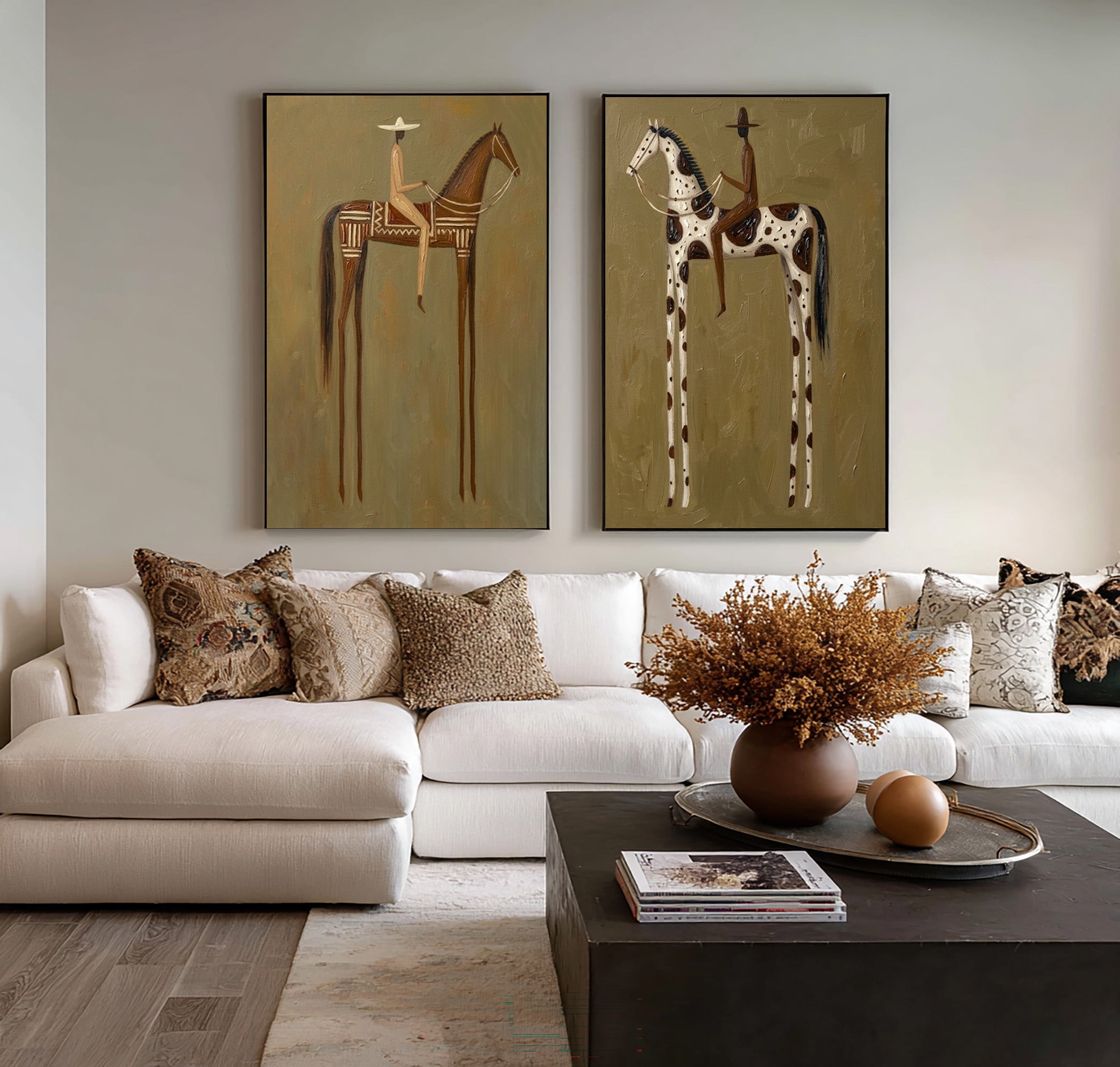 Large Contemporary Cowboy Horse Wall Art Minimalist Western Canvas Diptych