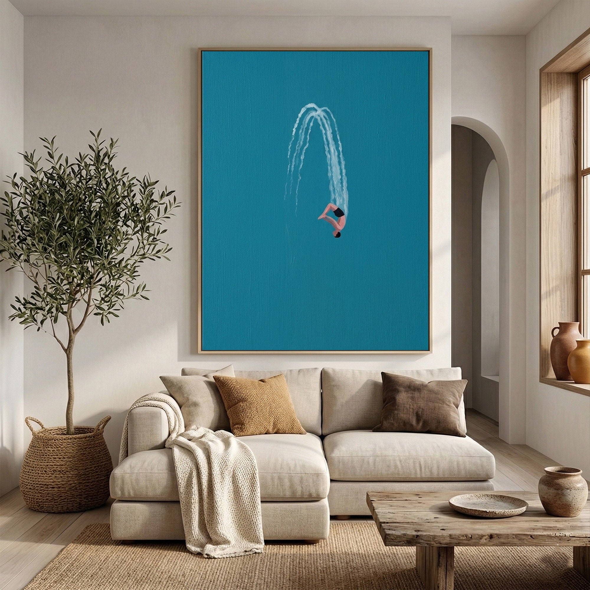 Large Swimming Wall Art Modern Diver Oil Painting Minimalist Coastal Artwork