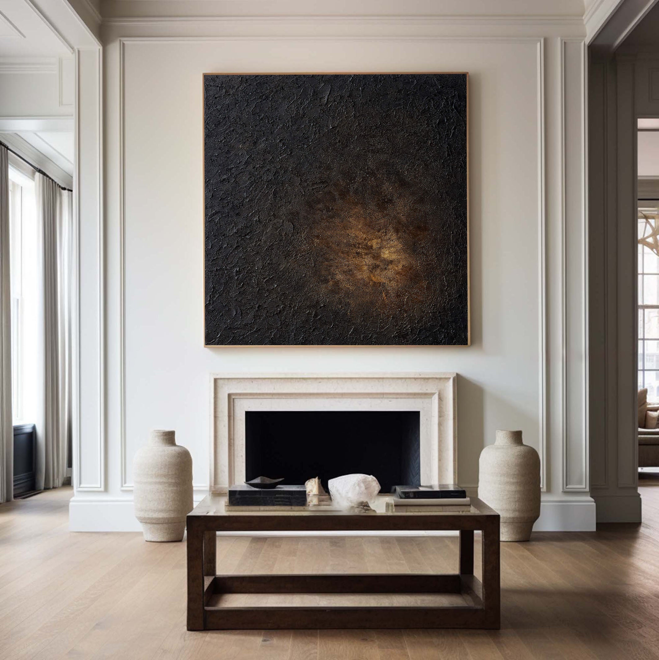 Black Impasto Canvas with Warm Glow, Square Abstraction #BGA 124