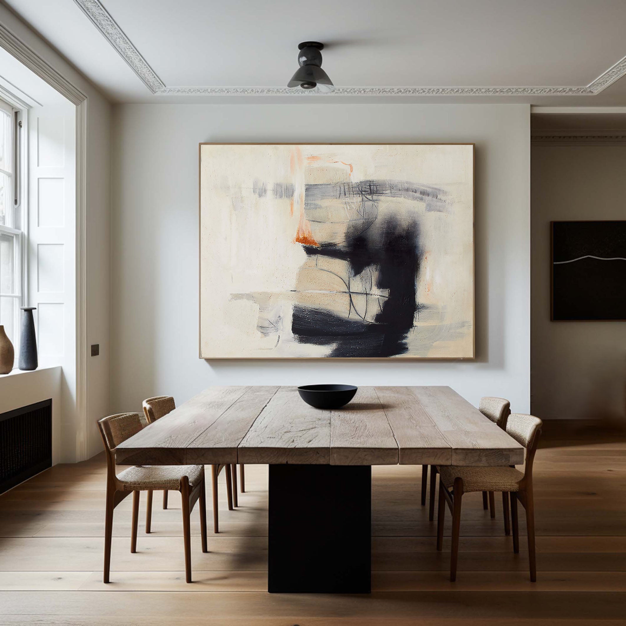 Horizontal Abstract with Dark Calligraphic Forms, Modern Wall Art #BGA 112