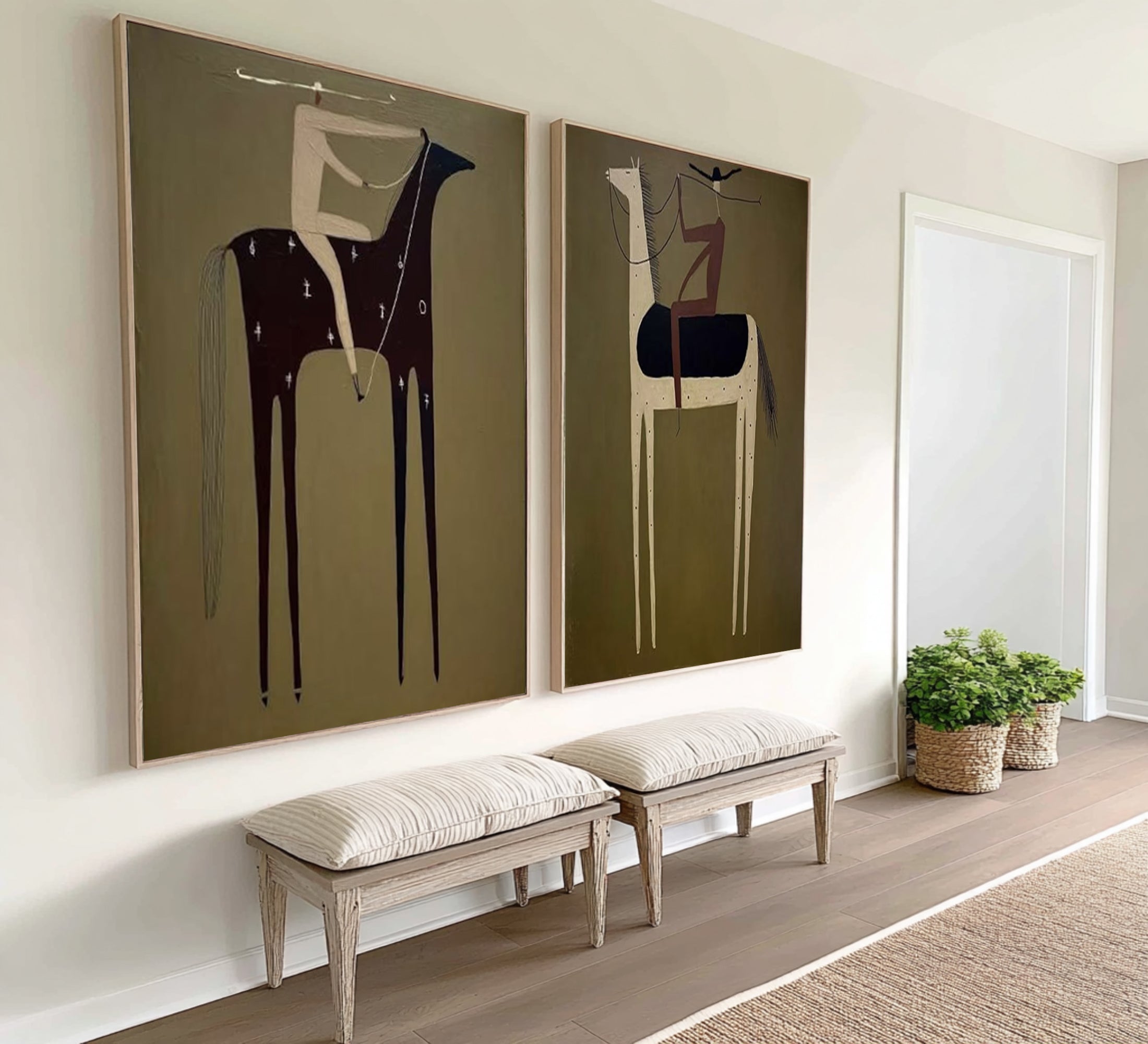 Large Modern Equestrian Wall Art Minimalist Horse and Rider Diptych