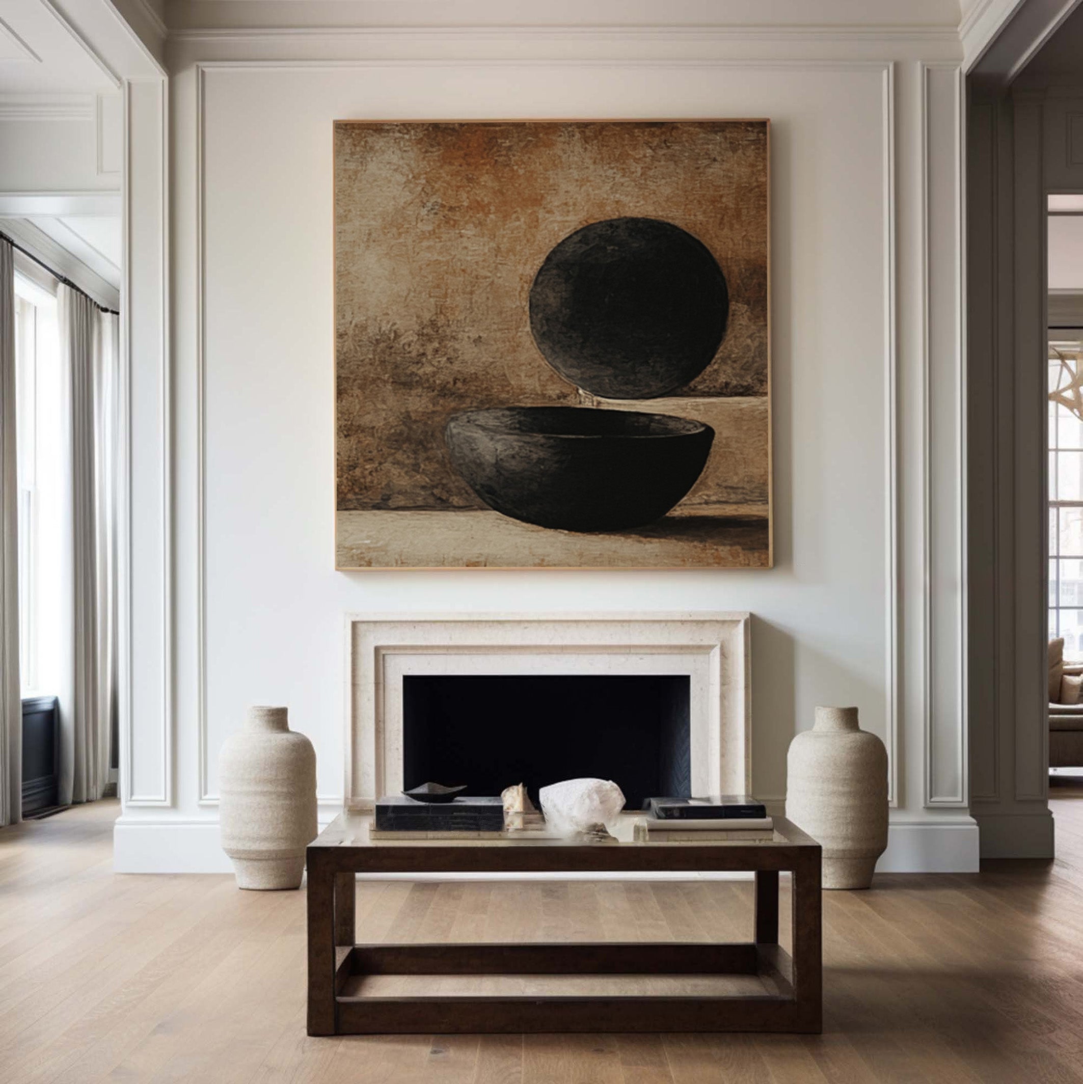 Modern Art with Dark Geometric Pair on Subtly Textured Canvas #BGA 275