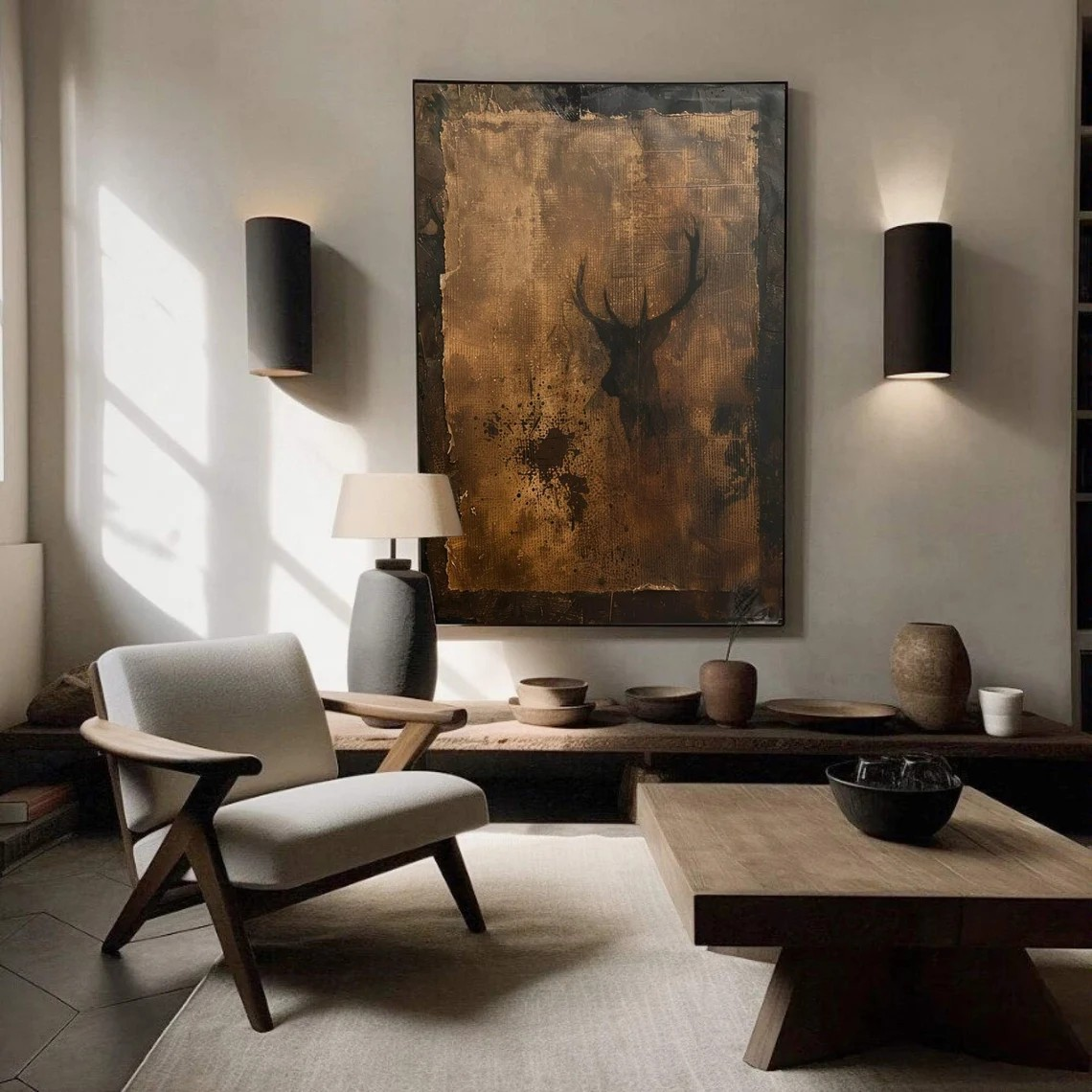 Wabi-Sabi Textured Canvas with Deer Abstract, Rustic Wall Art #BGA 134