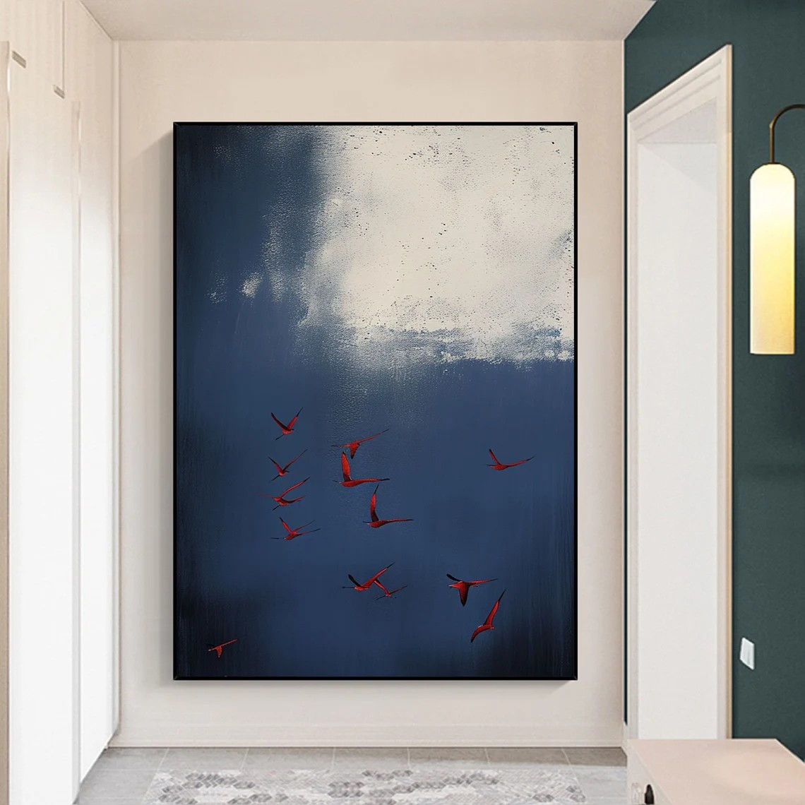 Surreal Dark Blue Sky With Red Birds, Unique Wall Decor #BGA 142