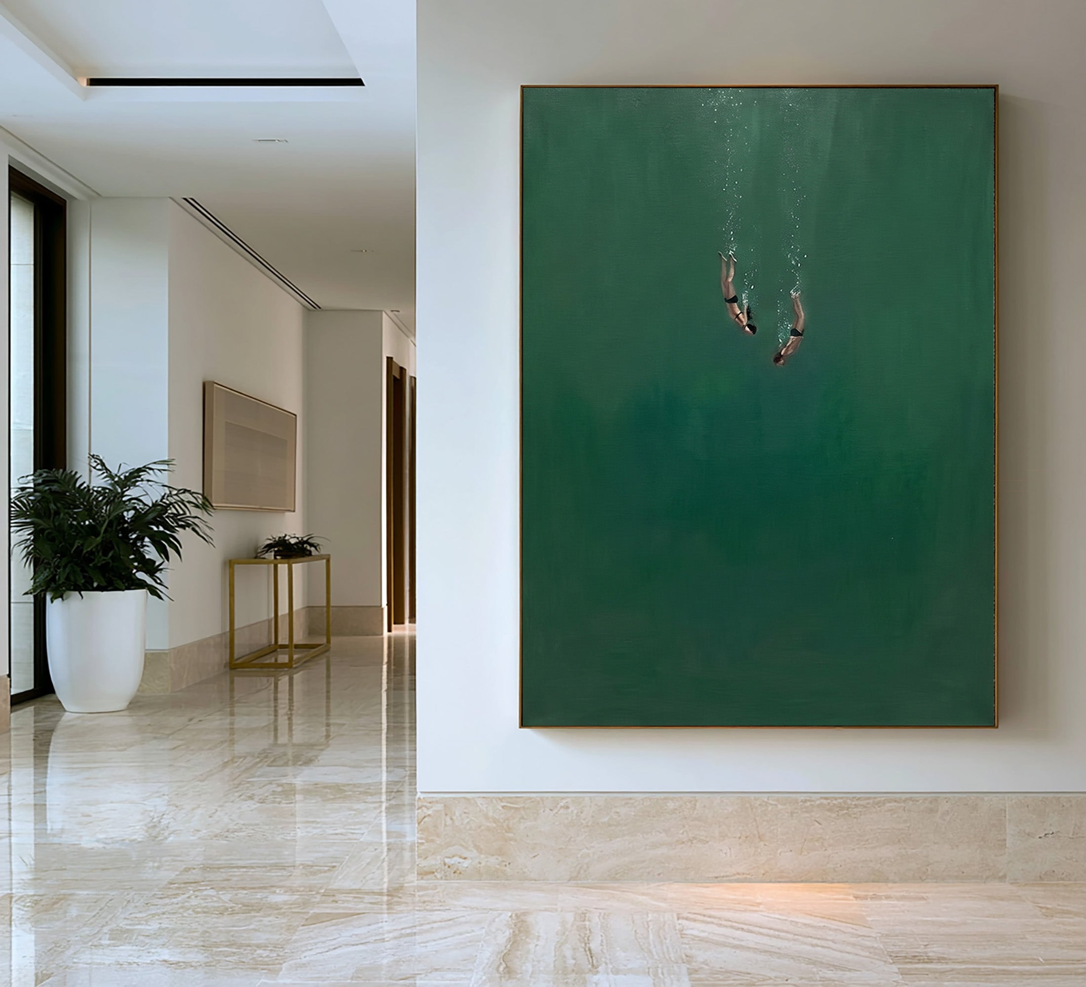Large Minimalist Underwater Diver Wall Art Contemporary Ocean Painting