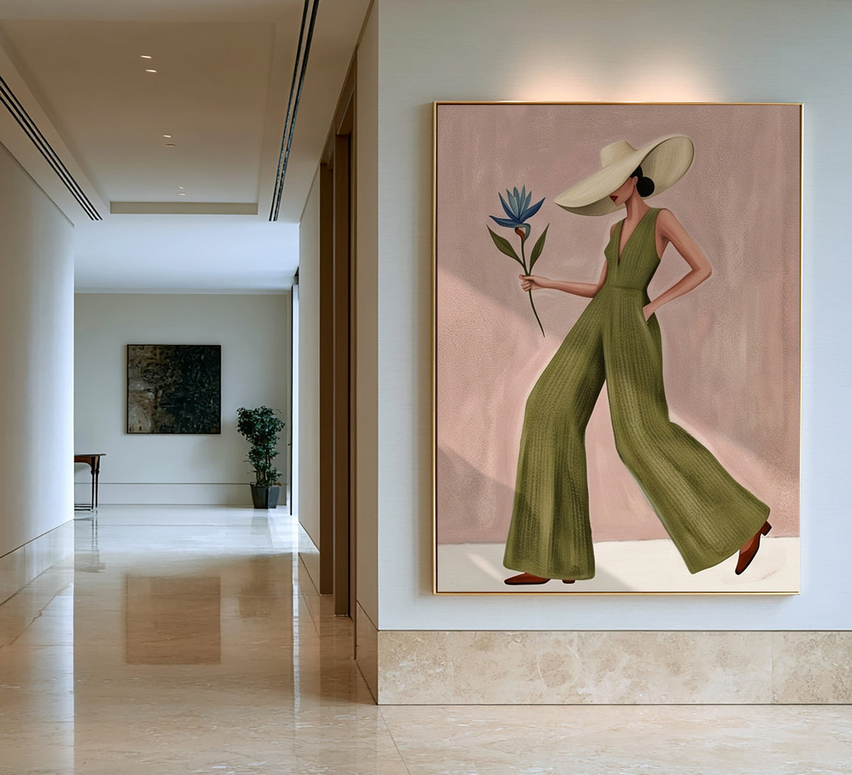Modern Woman Painting Fashion Wall Art with Floral Details