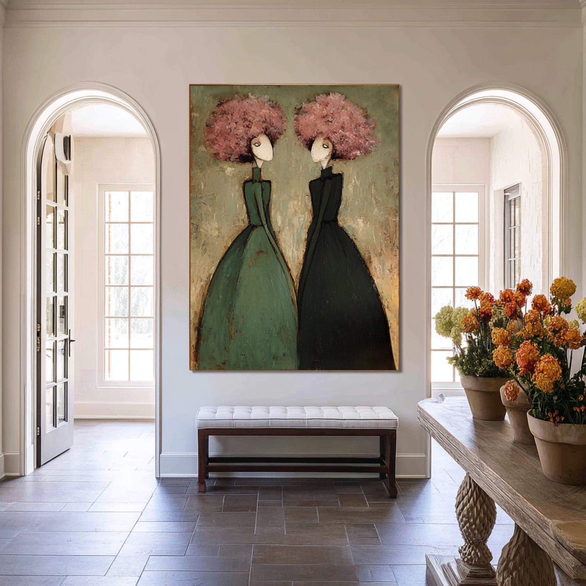 Large Contemporary Portrait Oil Painting on Canvas – Green and Pink Modern Wall Art #WAC 035
