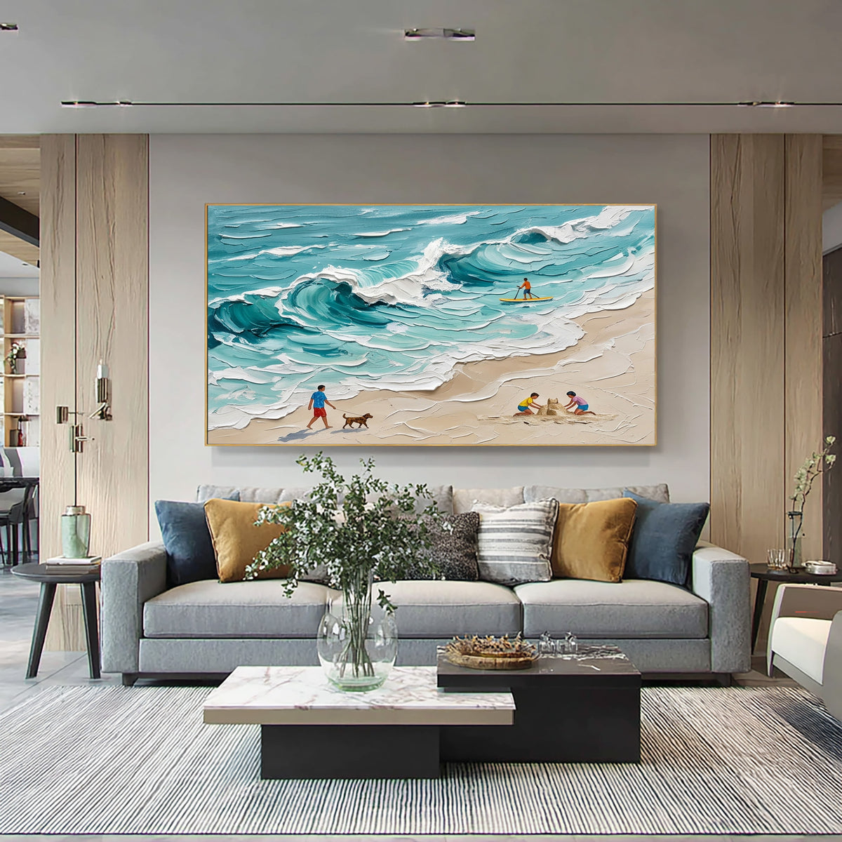 Large Textured Beach Painting Hand Painted Ocean Wave Coastal Wall Art