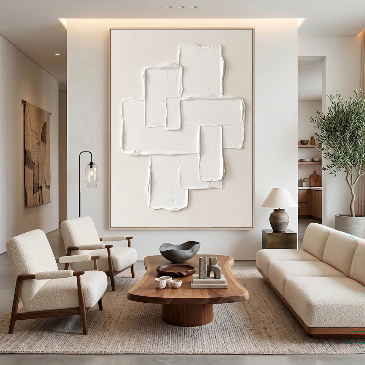 Large Minimalist Geometric Textured Relief Wall Art Ivory Cream Abstract Oil Painting Sculptural 3D Modern Luxury Home Decor