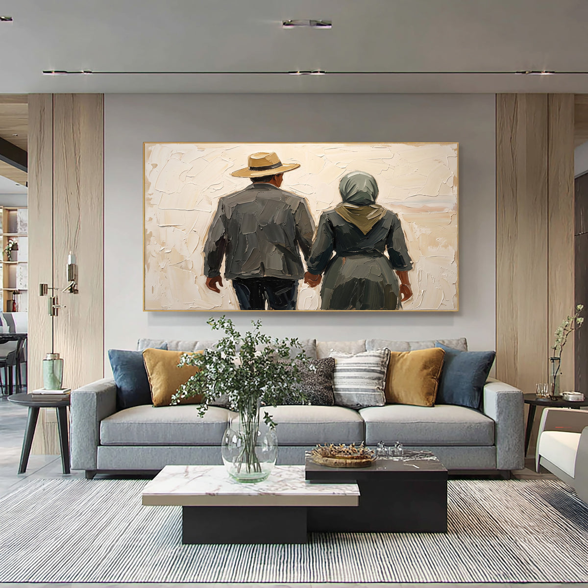 Large Rustic Couple Holding Hands Wall Art Textured Oil Painting Vintage Americana Figurative Portrait Western Inspired Modern Farmhouse Decor