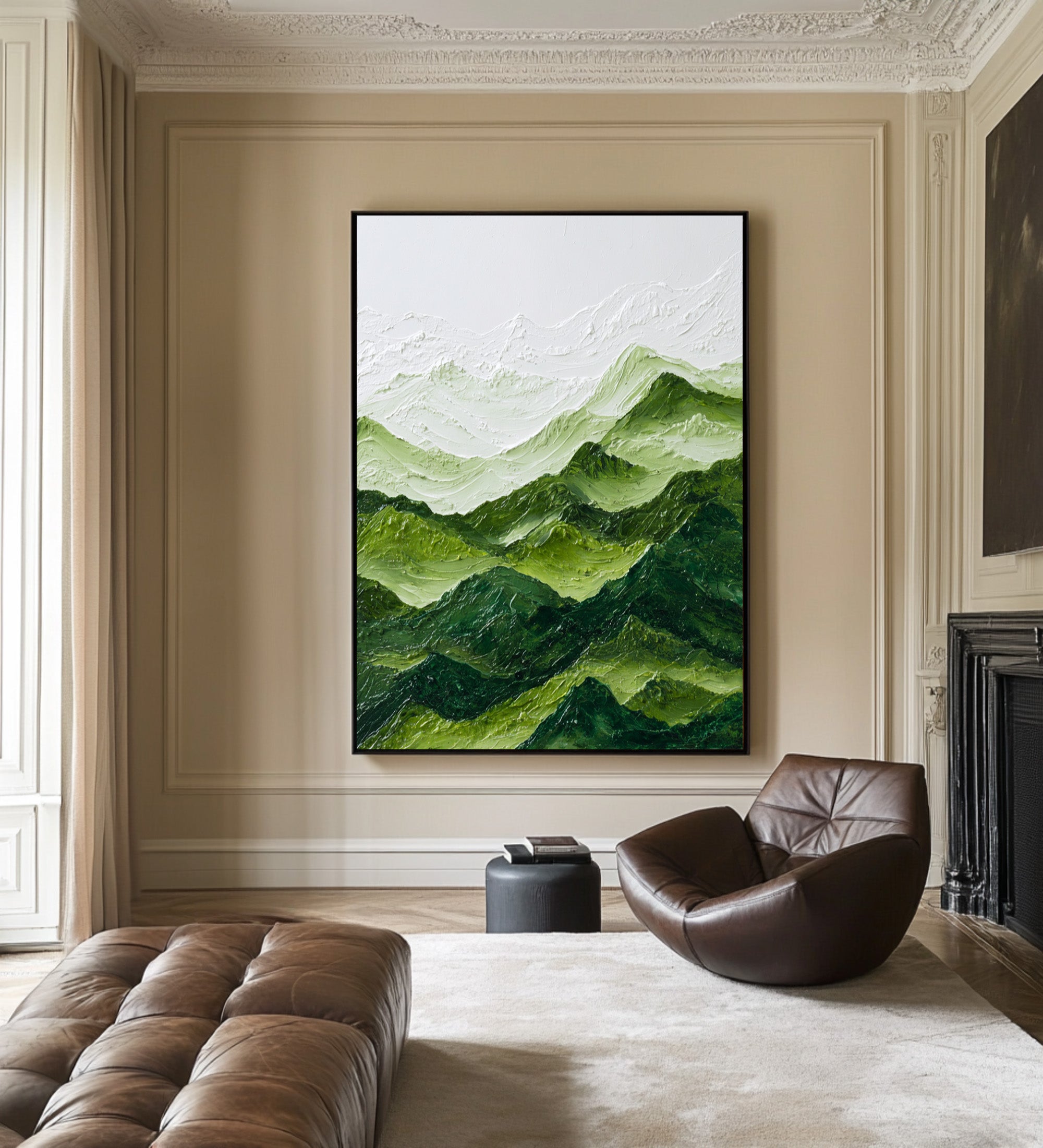 Large Textured Abstract Oil Painting, Green Mountain Landscape Wall Art for Modern Living Room #WAC 005