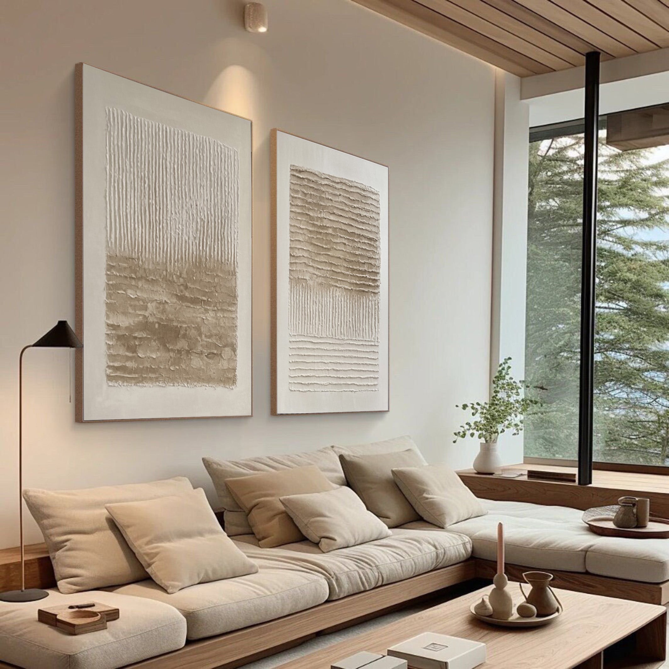 Minimalist Abstract Diptych in Neutral Linear Relief #BGA 276