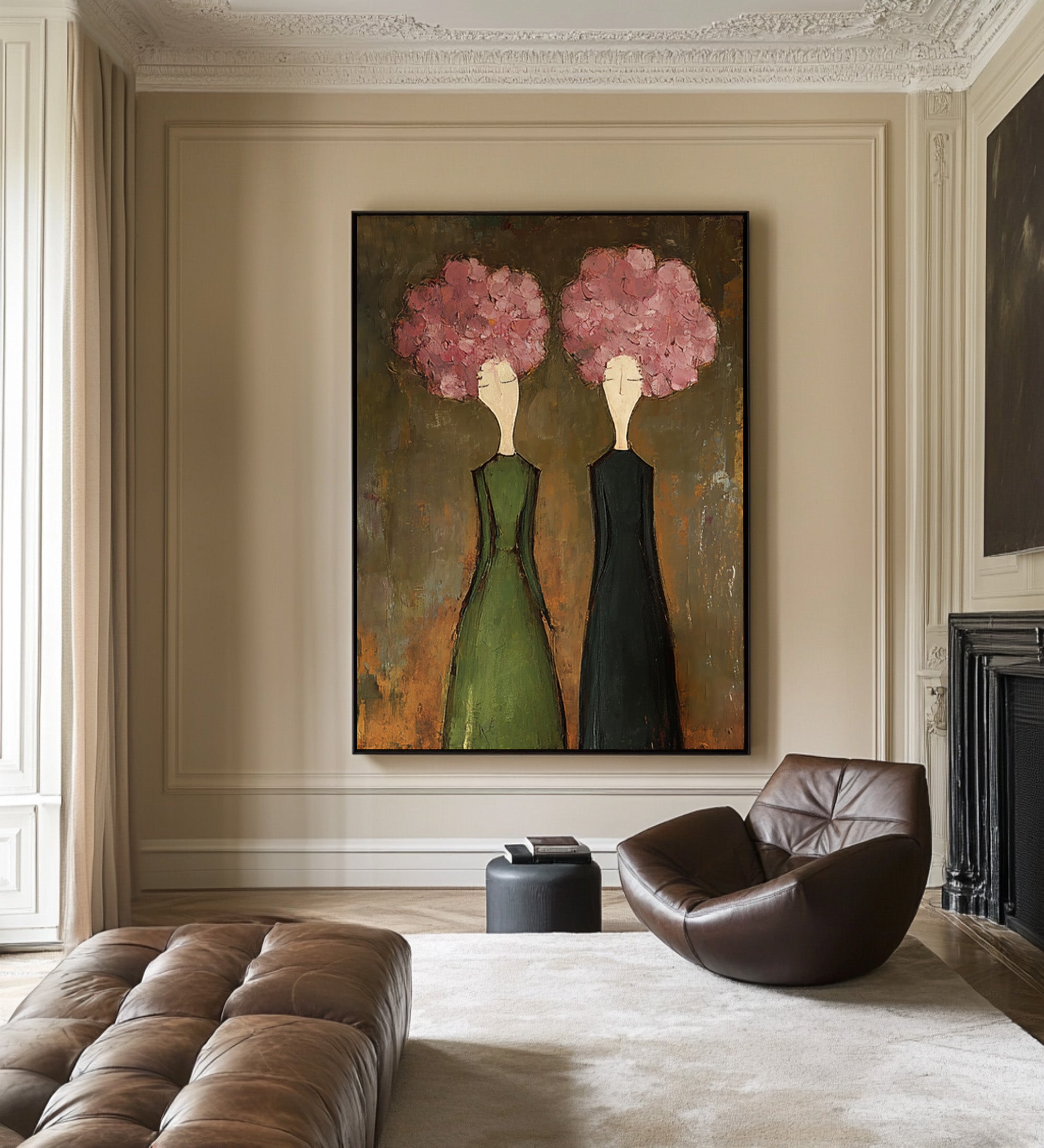 Large Modern Floral Portrait Oil Painting on Canvas – Green Dress Statement Wall Art #WAC 042