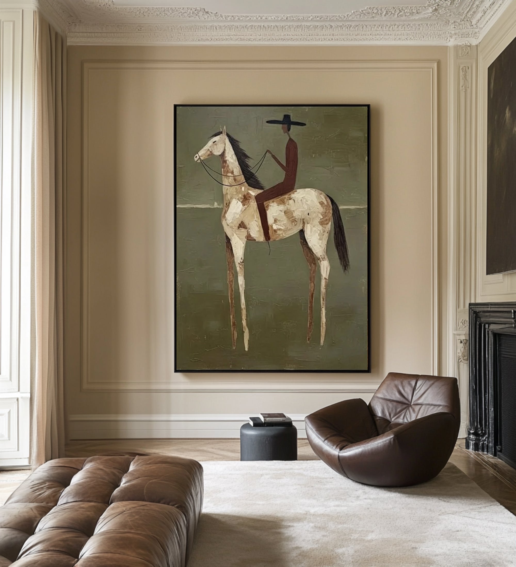 Large Minimalist Horse Rider Painting Contemporary Olive Green Wall Decor