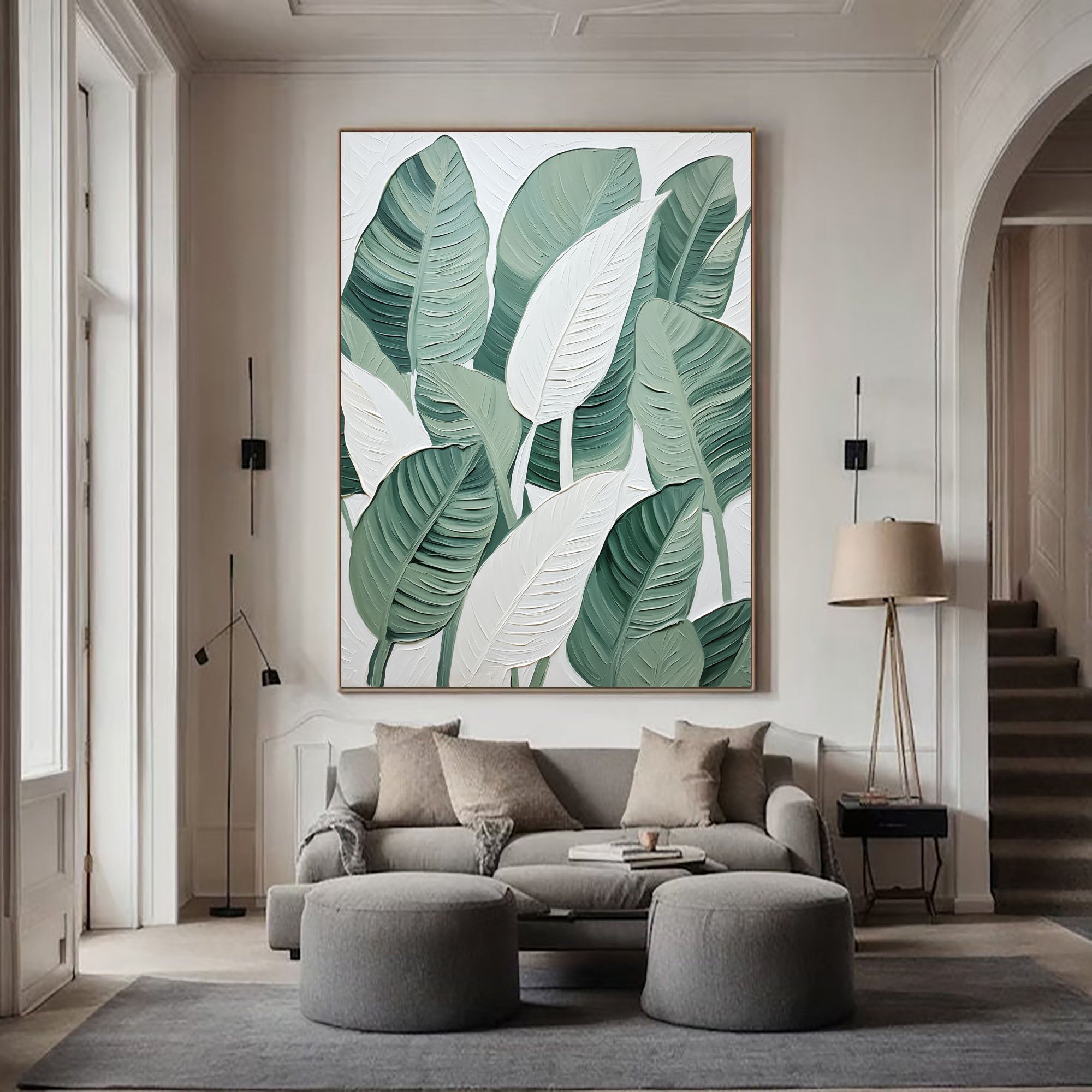 Leaf Symphony: Green and White Botanical Wall Art #BGM 049