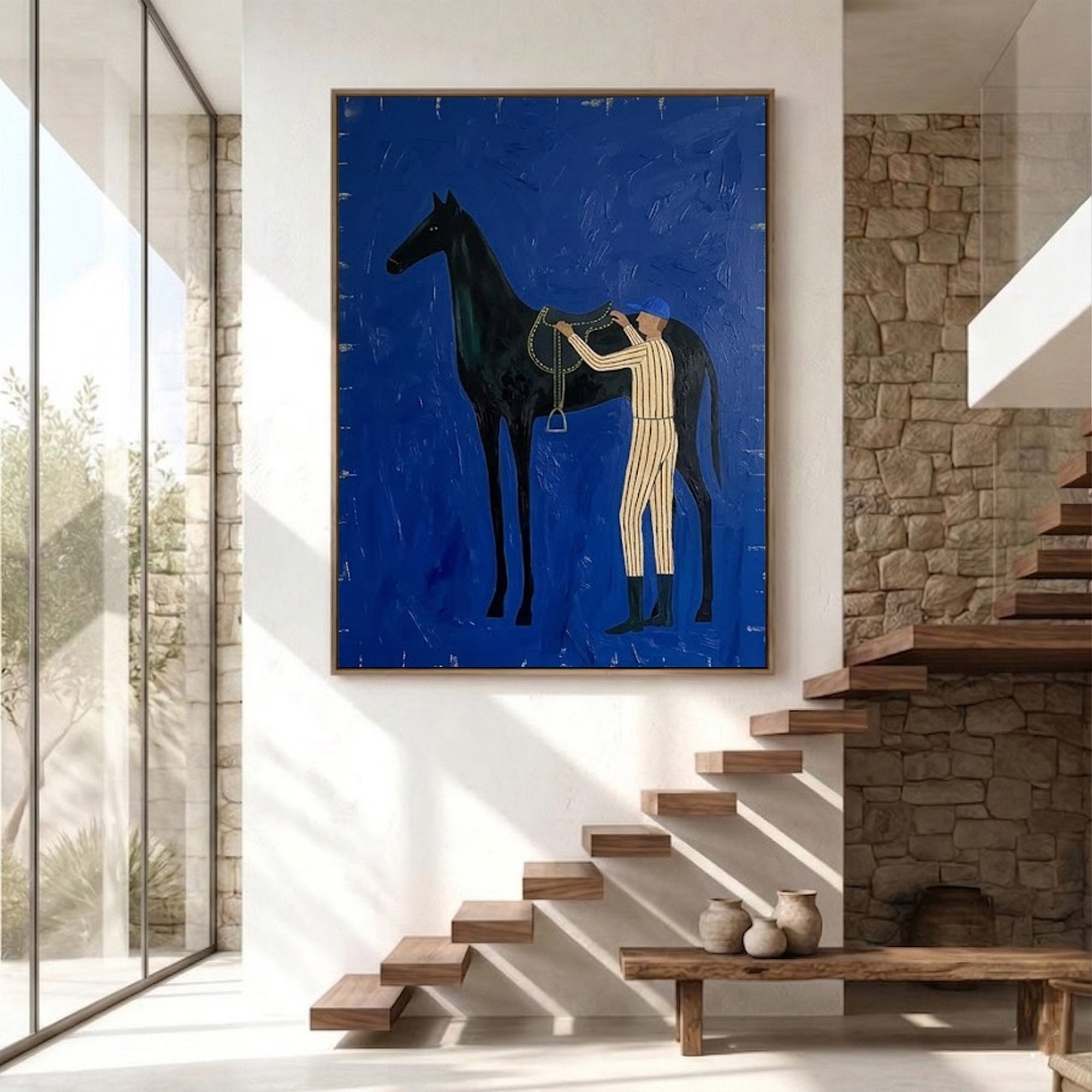Large Abstract Cowboy Equestrian Oil Painting Blue Wall Art