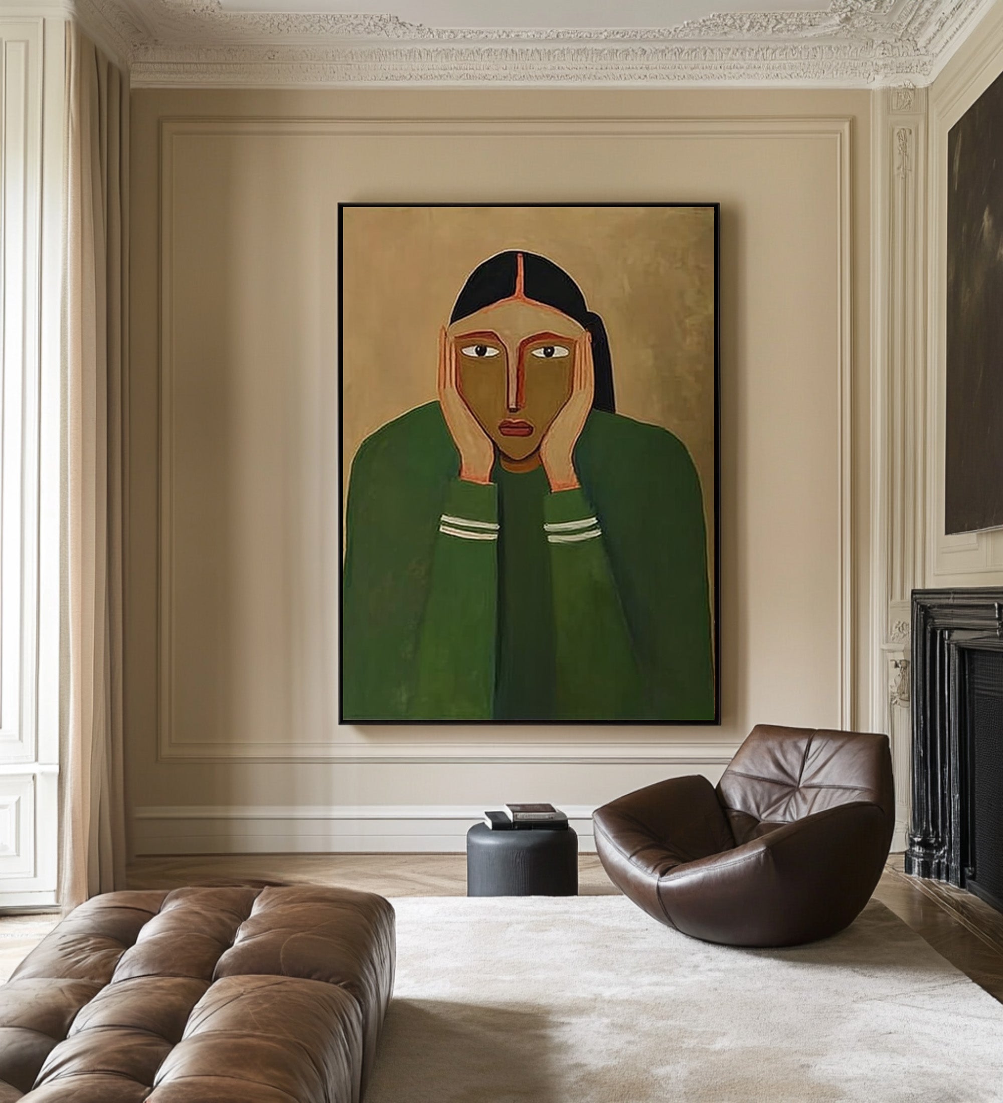 Large Modern Abstract Portrait Oil Painting in Green Tones, Emotional Wall Art for Living Room #WAC 030