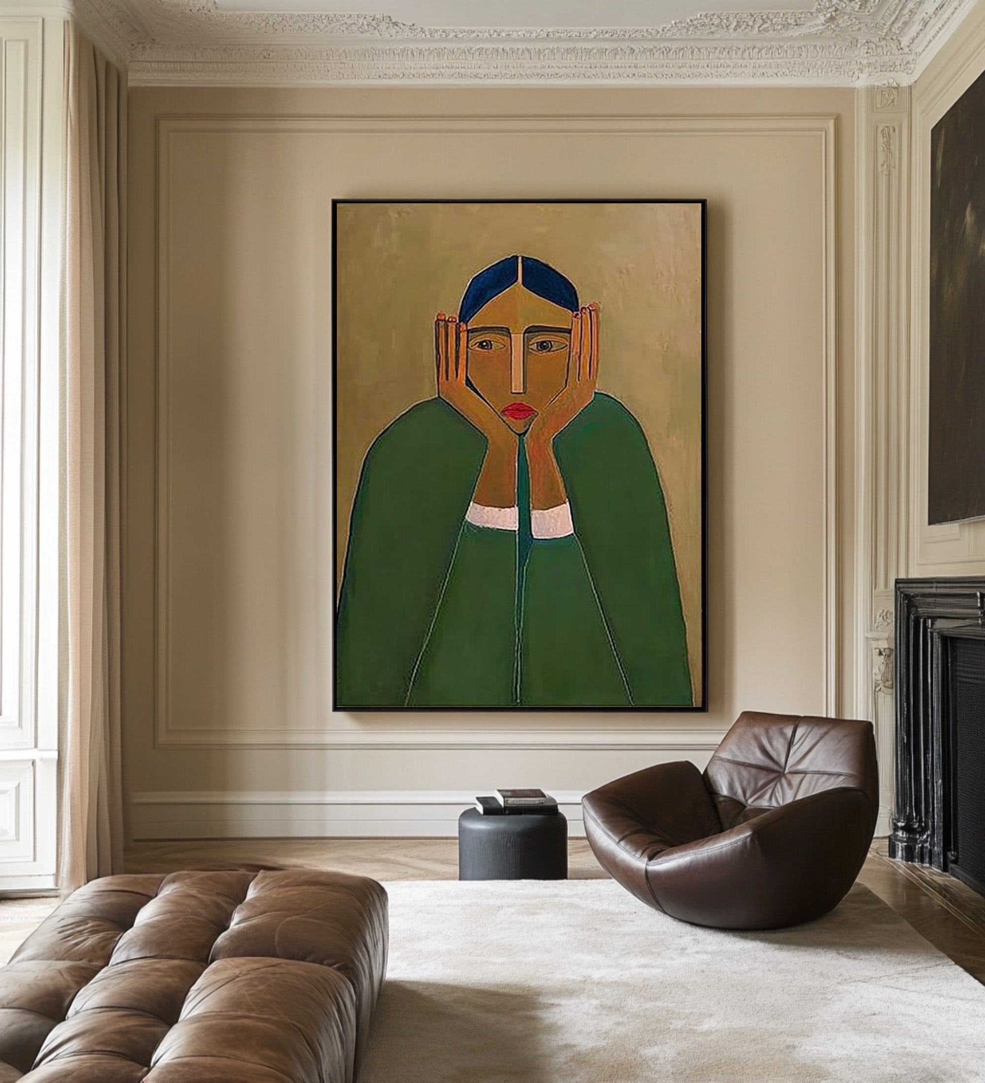 Large Abstract Portrait Oil Painting on Canvas – Green Figurative Statement Wall Art #WAC 032