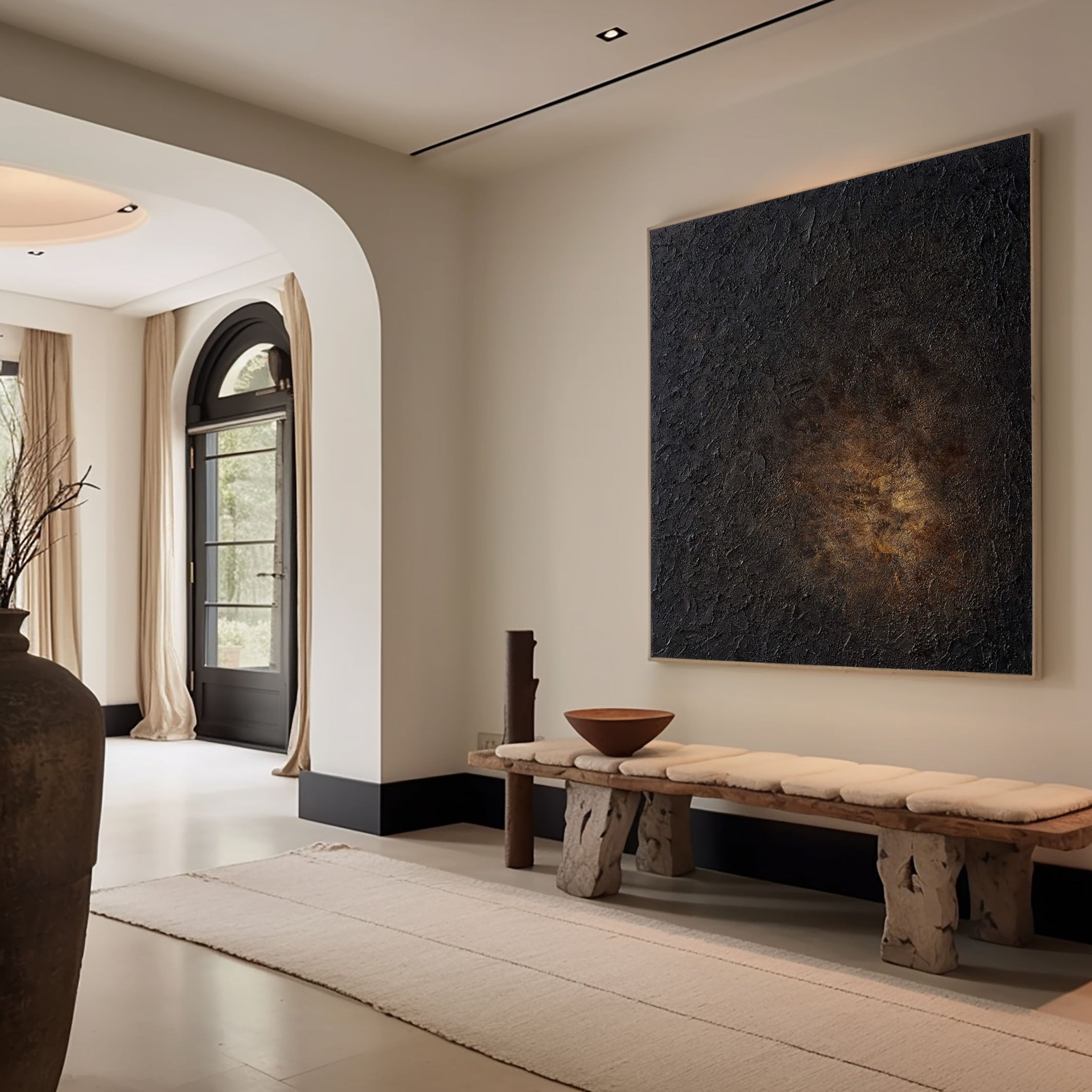 Black Impasto Canvas with Warm Glow, Square Abstraction #BGA 124