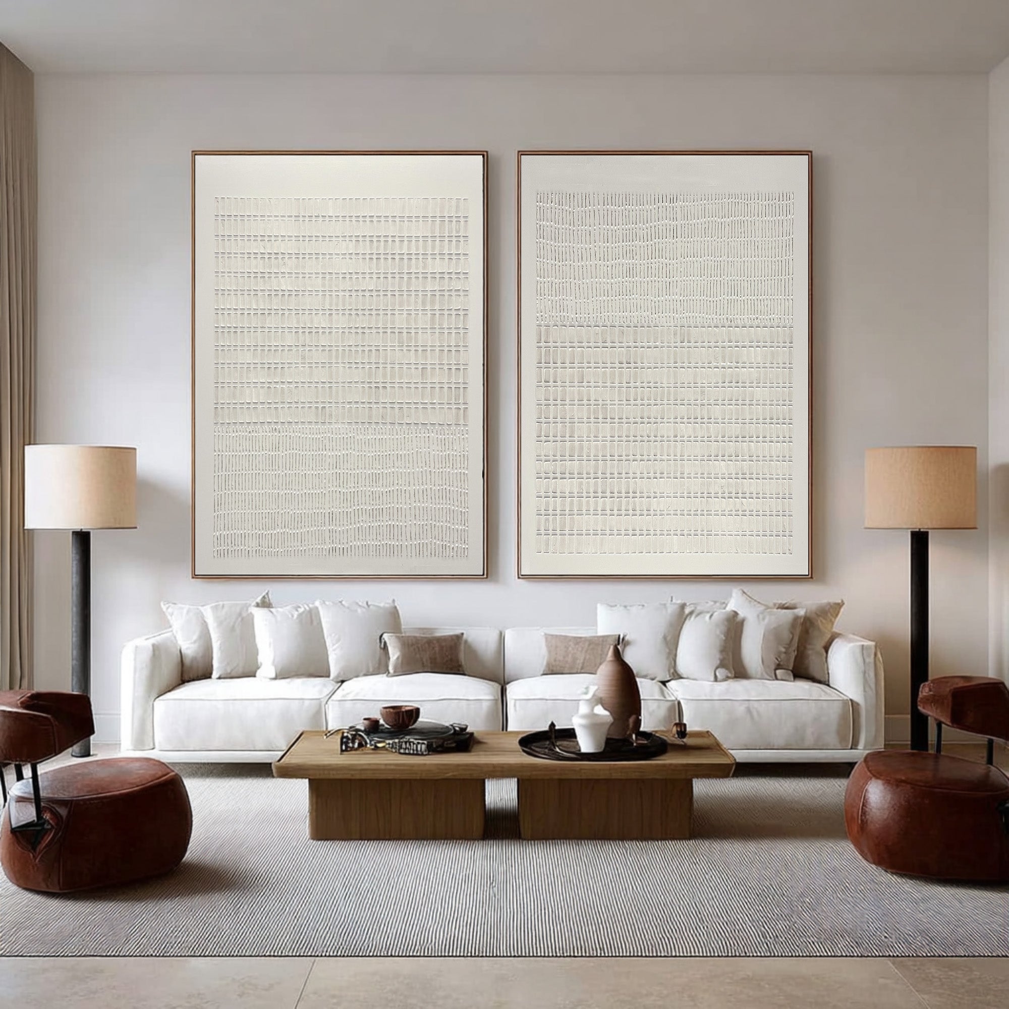 Large Minimal Abstract Oil Painting Set, Beige Grid Textured Wall Art for Living Room Decor #WAC 019