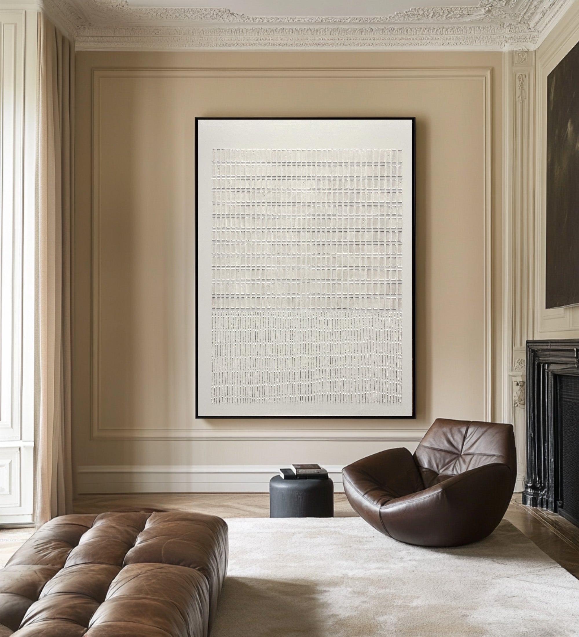 Large Modern Abstract Oil Painting, Beige Textured Grid Luxury Wall Art for Living Room #WAC 024