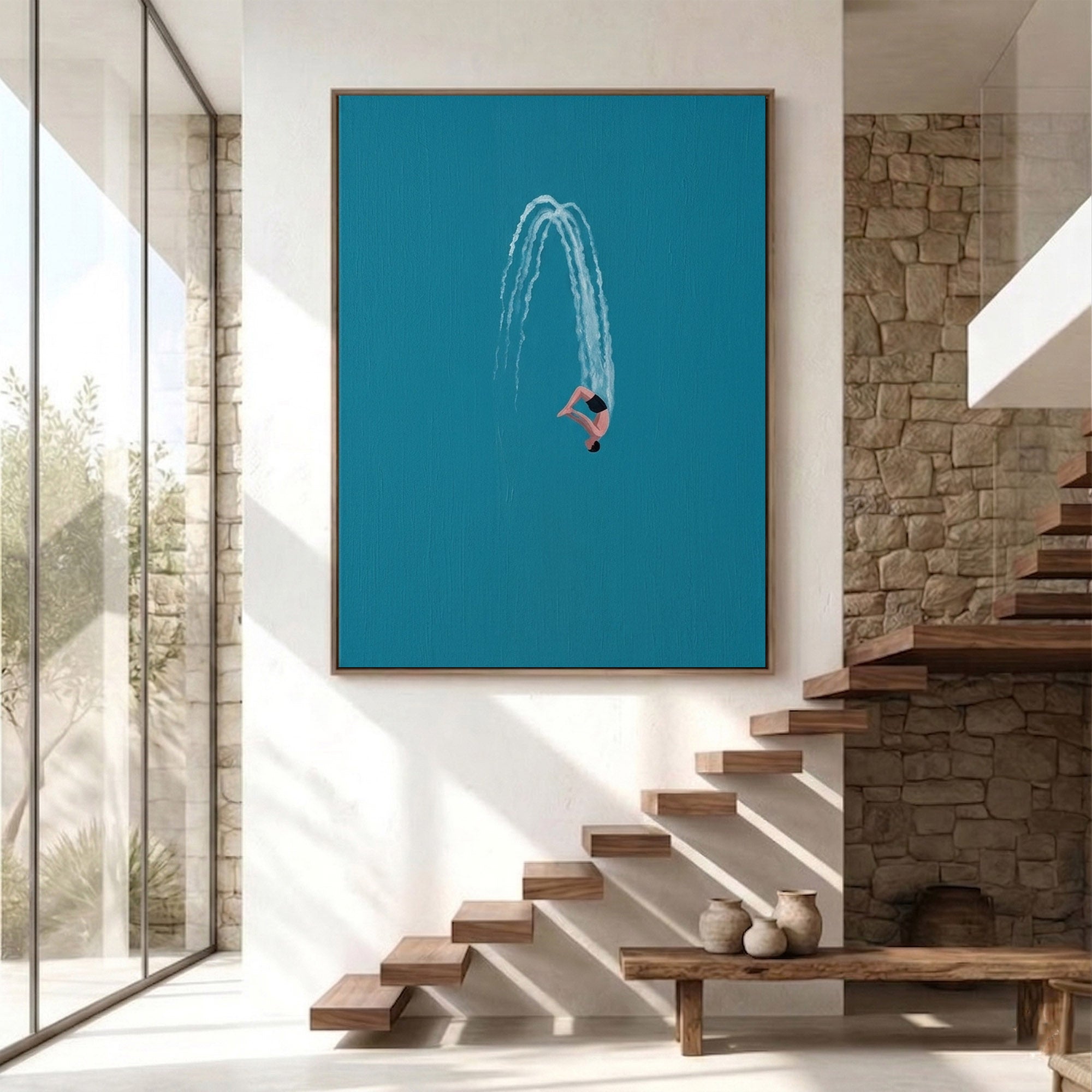 Large Swimming Wall Art Modern Diver Oil Painting Minimalist Coastal Artwork