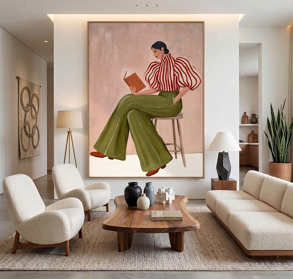 Large Textured Oil Painting Woman Reading Striped Blouse Olive Green Trousers