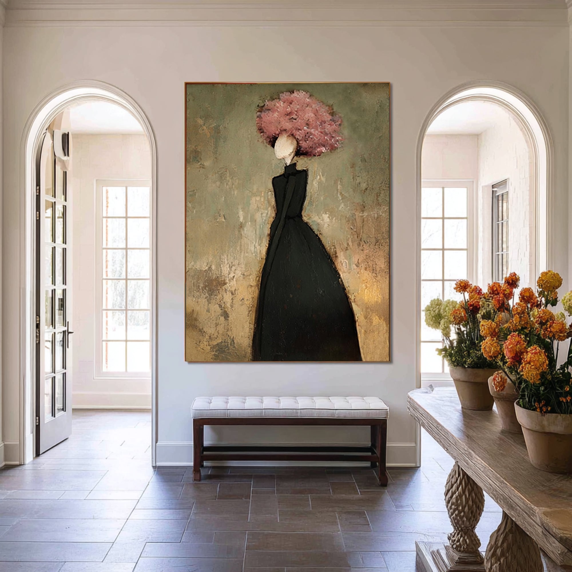 Large Floral Woman Wall Art Black Dress Portrait Oil Painting Modern Abstract Figurative Contemporary Decor