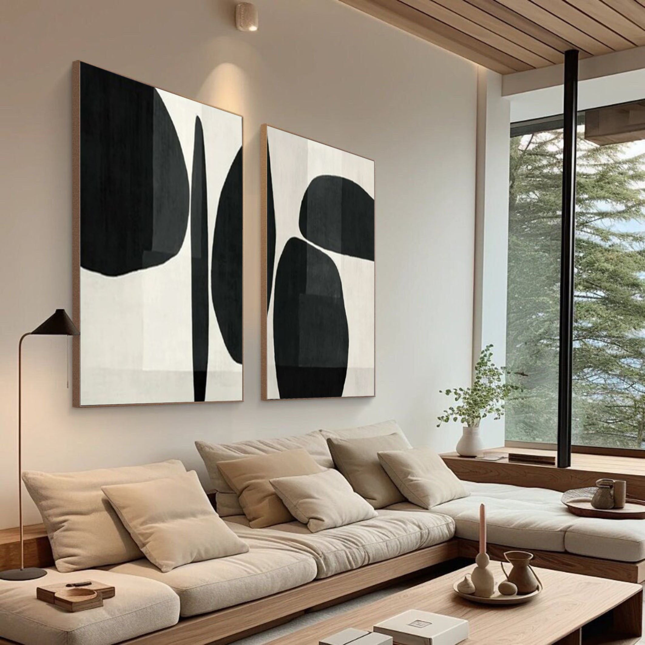 Elegant Minimalist Abstract Art Diptych Black and White Canvas Set #BWS 013