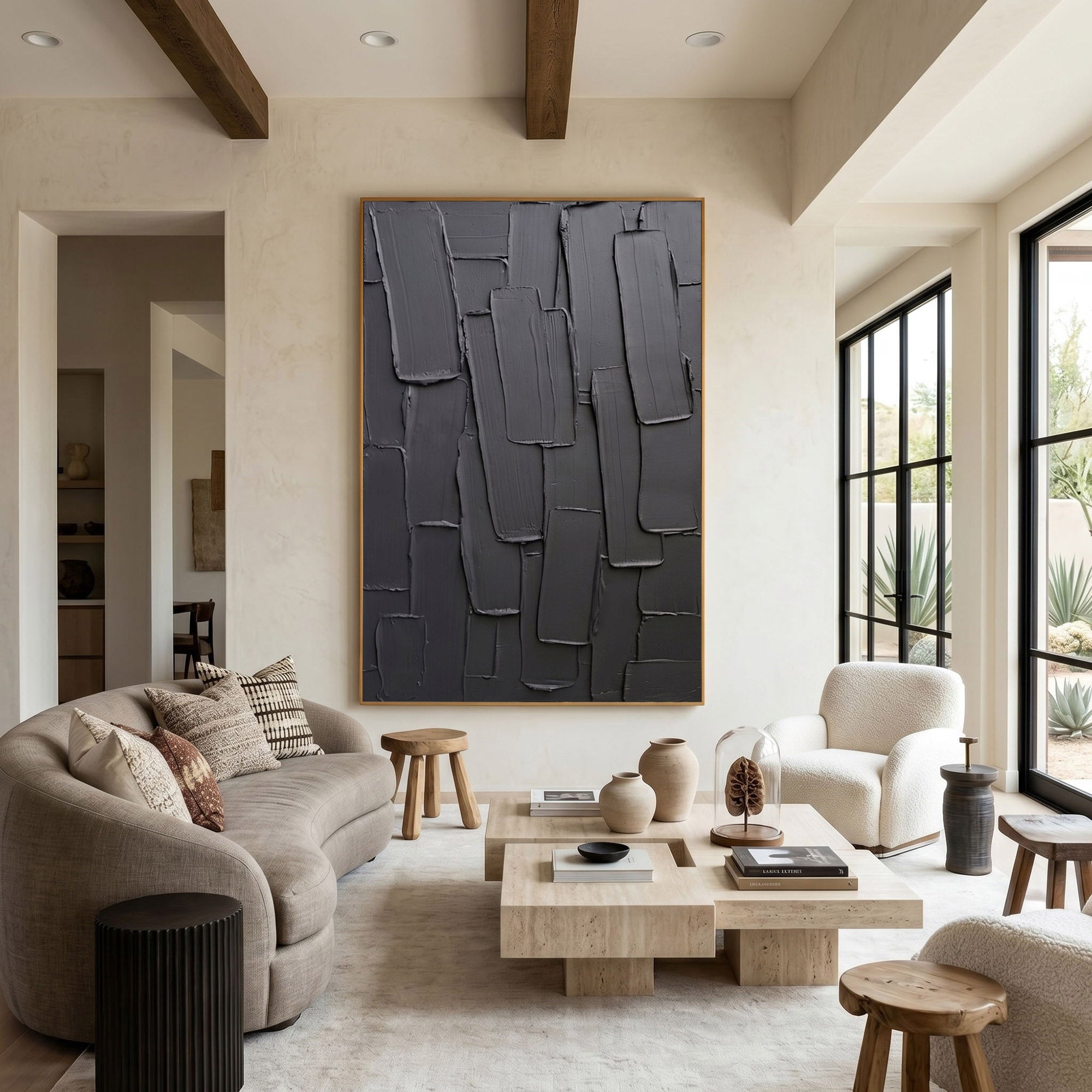 Dark Gray Textured Wall Art Abstract Plaster Relief Painting Modern 3D Impasto Minimalist Luxury Decor