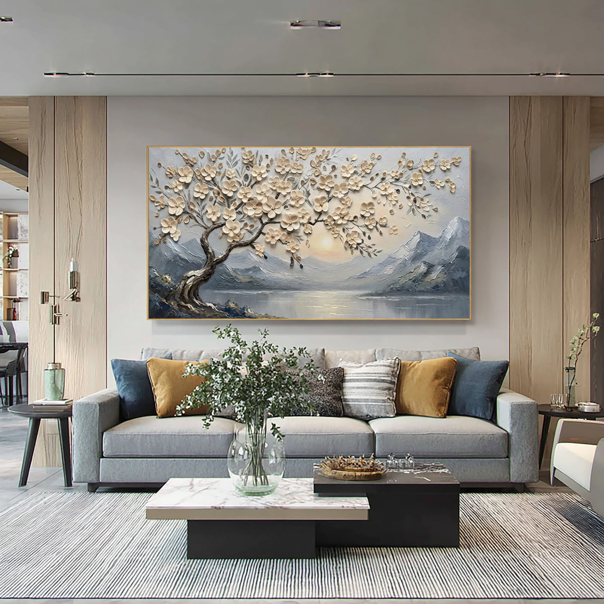 Large Textured Blossom Tree Painting Mountain Lake Floral Wall Art