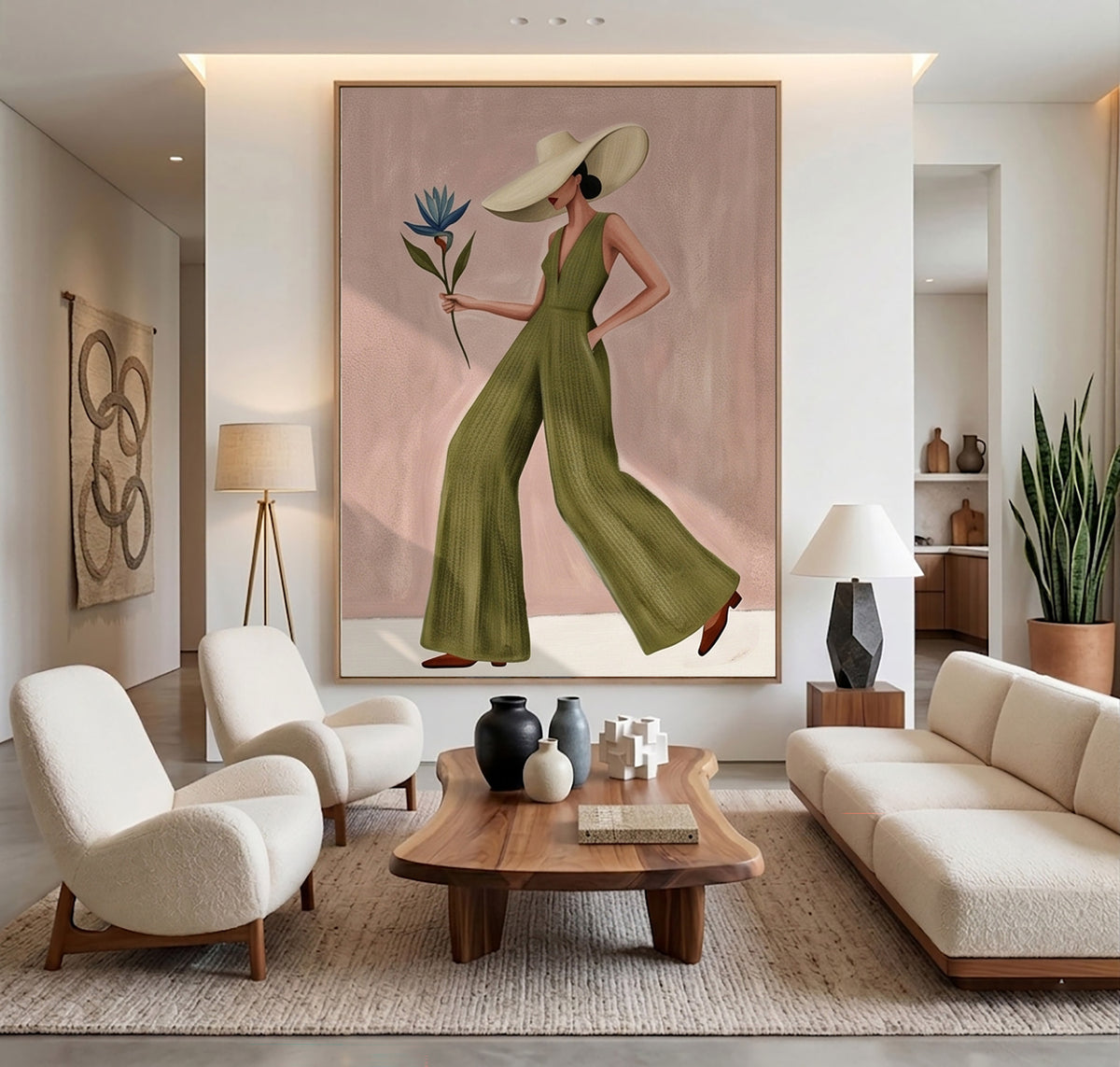 Modern Woman Painting Fashion Wall Art with Floral Details