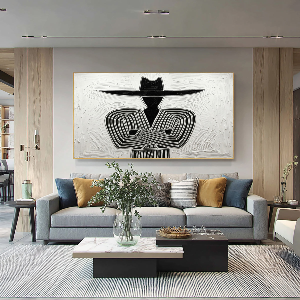 Large Textured Cowboy Portrait Minimalist Black White Western Wall Art