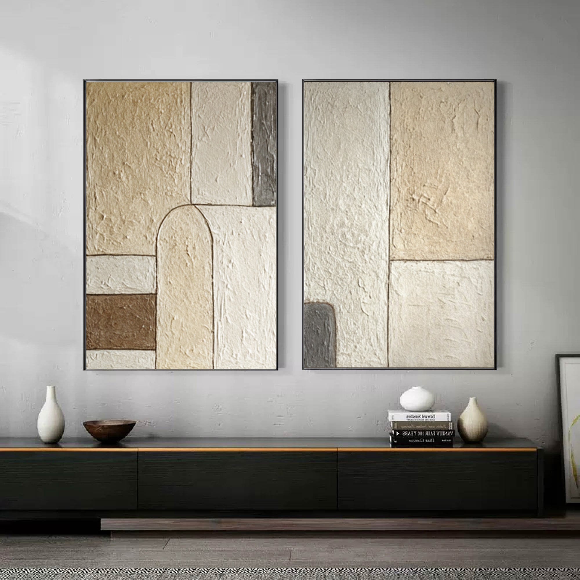 Textured Geometric Paintings Duo Contemporary Beige #WG 047