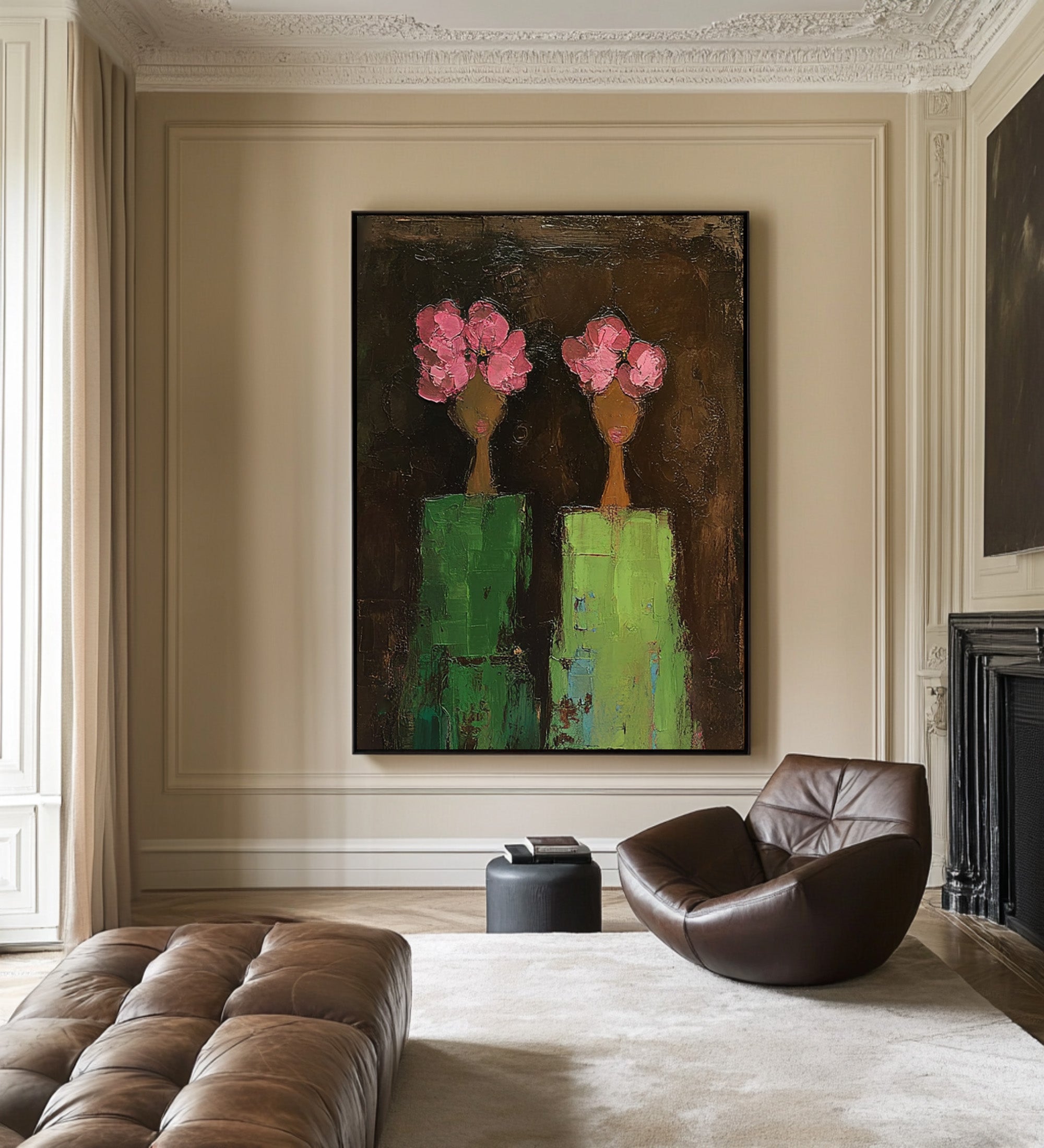Large Modern Figurative Oil Painting on Canvas – Pink Floral Portrait Statement Wall Art #WAC 039