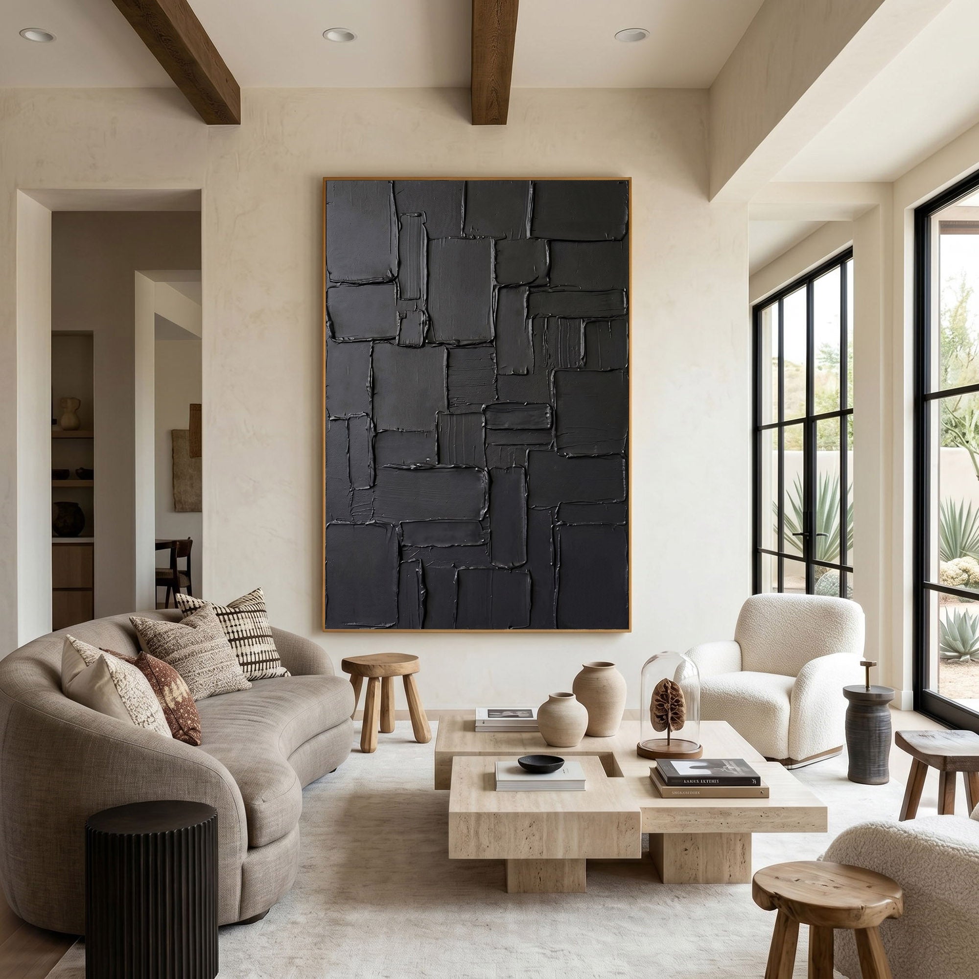 Black Textured Wall Art Abstract Plaster Relief Painting Modern 3D Impasto Minimalist Luxury Decor