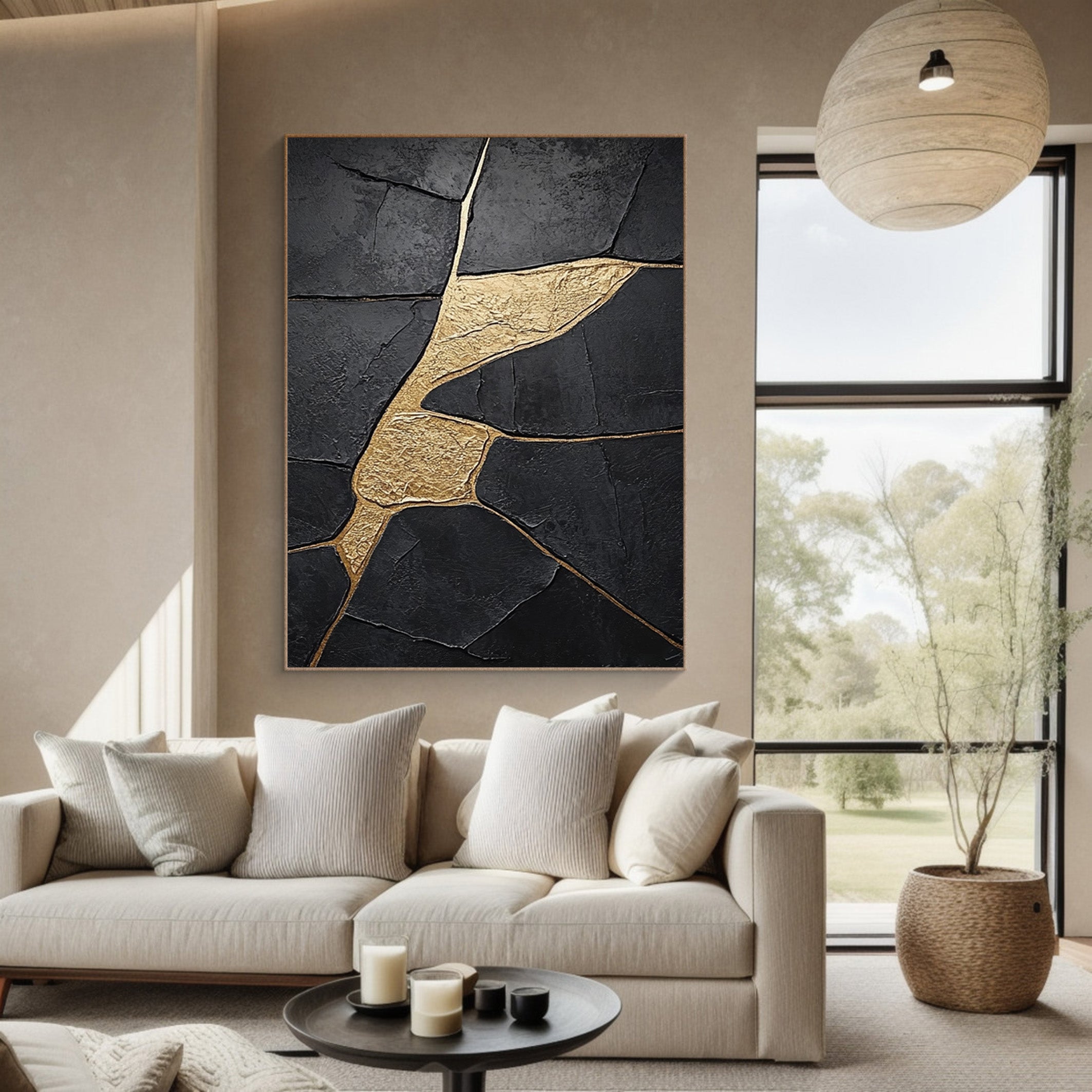 Large Black Abstract with Gold Repair Lines for Modern Home #BGA 272