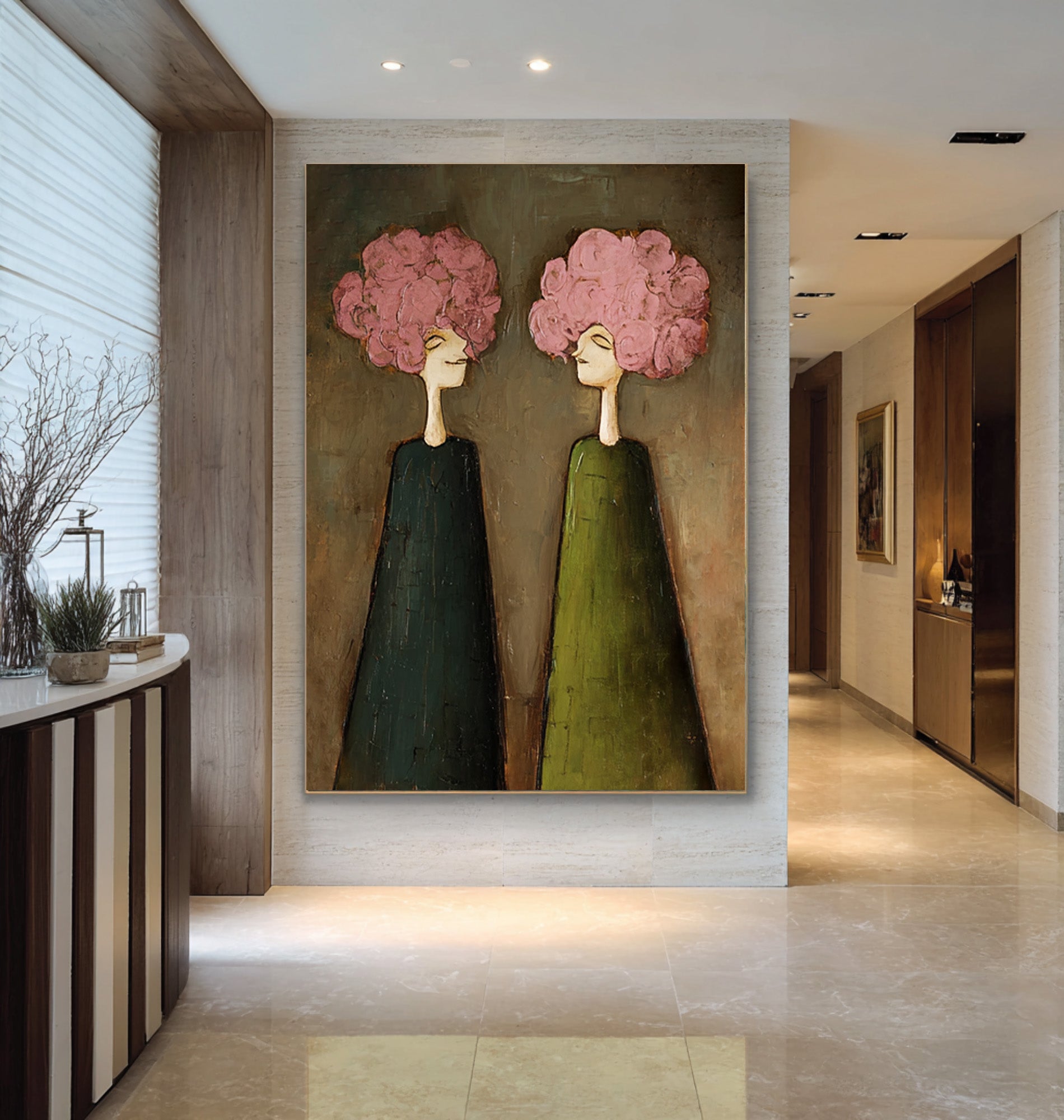 Large Pink Floral Portrait Oil Painting on Canvas – Modern Green Dress Wall Art #WAC 041