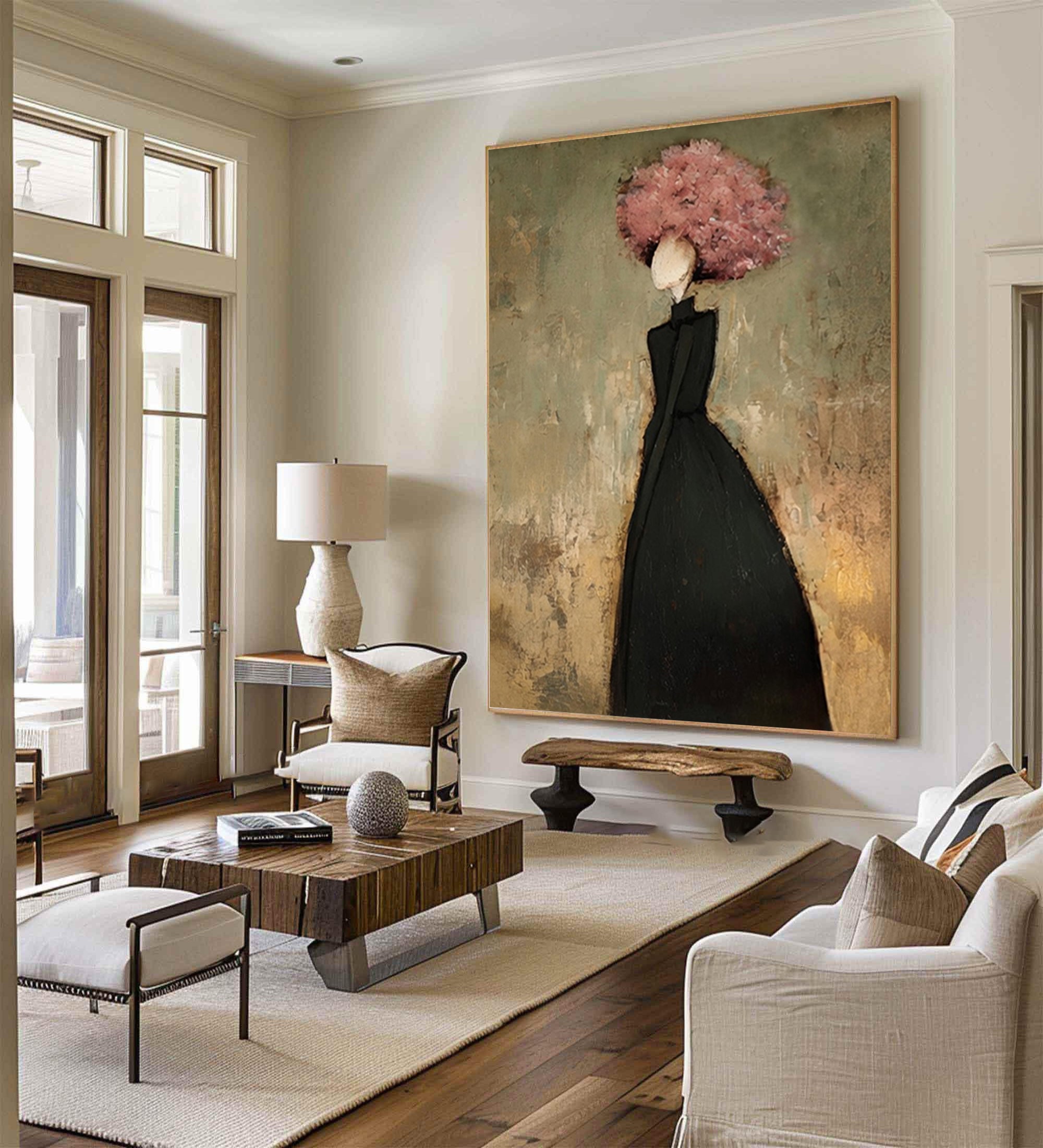 Large Floral Woman Wall Art Black Dress Portrait Oil Painting Modern Abstract Figurative Contemporary Decor