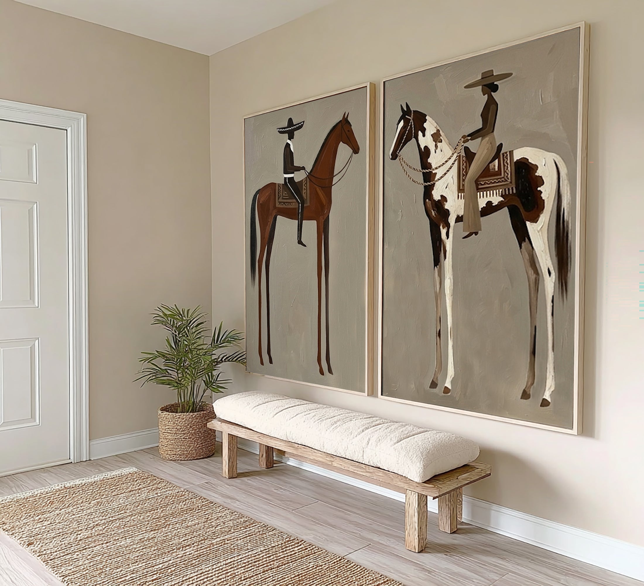 Large Cowboy Horse Wall Art Contemporary Western Diptych Canvas Painting