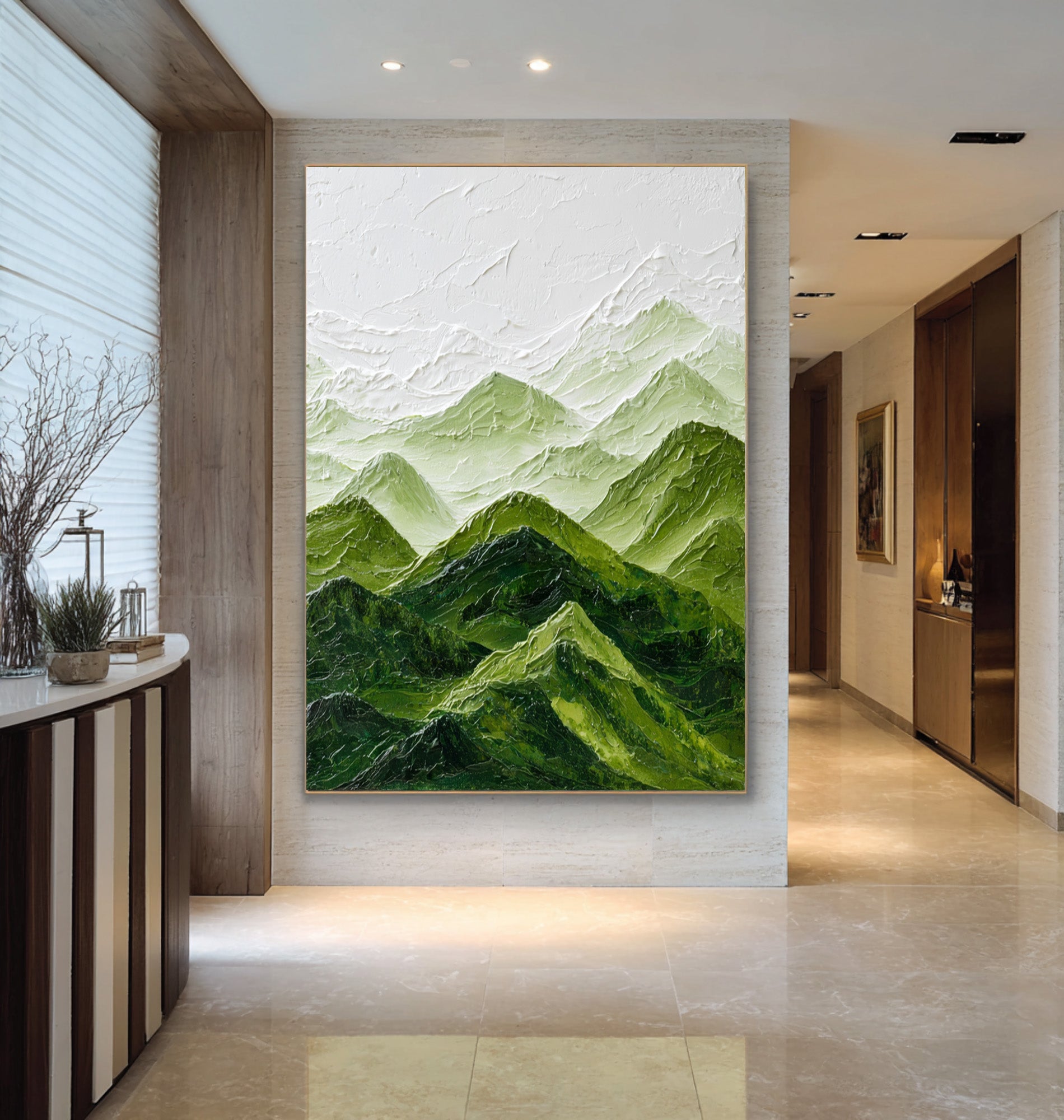 Large Mountain Landscape Abstract Oil Painting, Calming Green Wall Art for Modern Home Decor #WAC 006