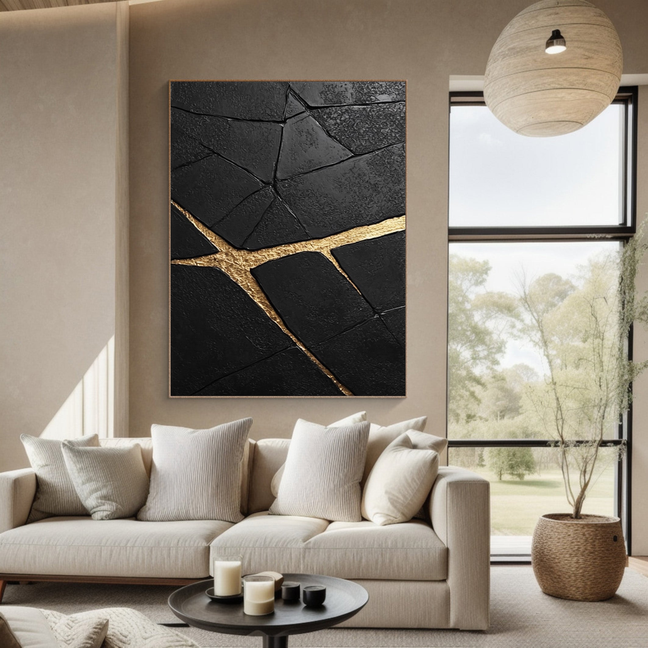 Contemporary Black Impasto Painting with Striking Gold Inlays #BGA 264