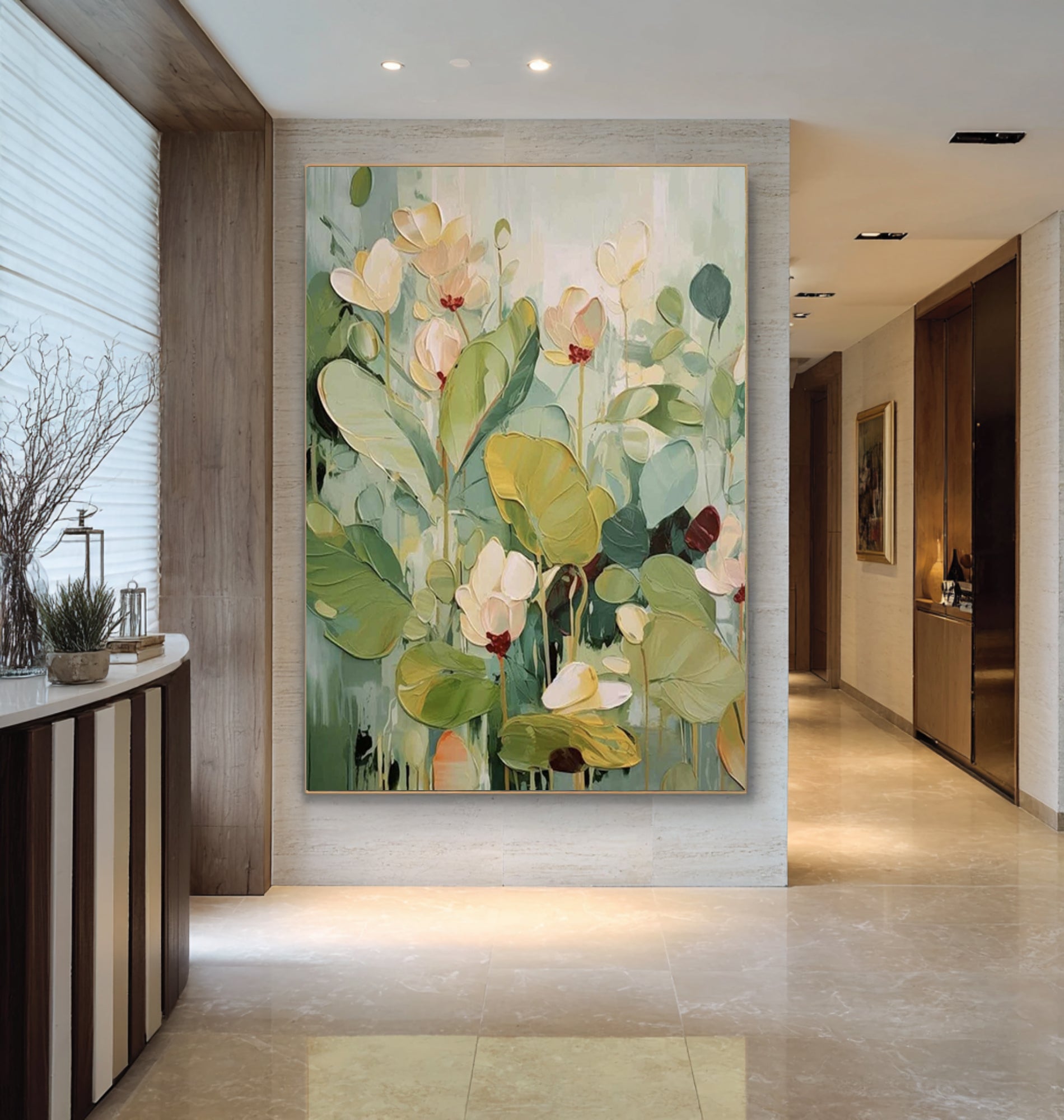 Large Botanical Floral Painting Green Neutral Wall Art