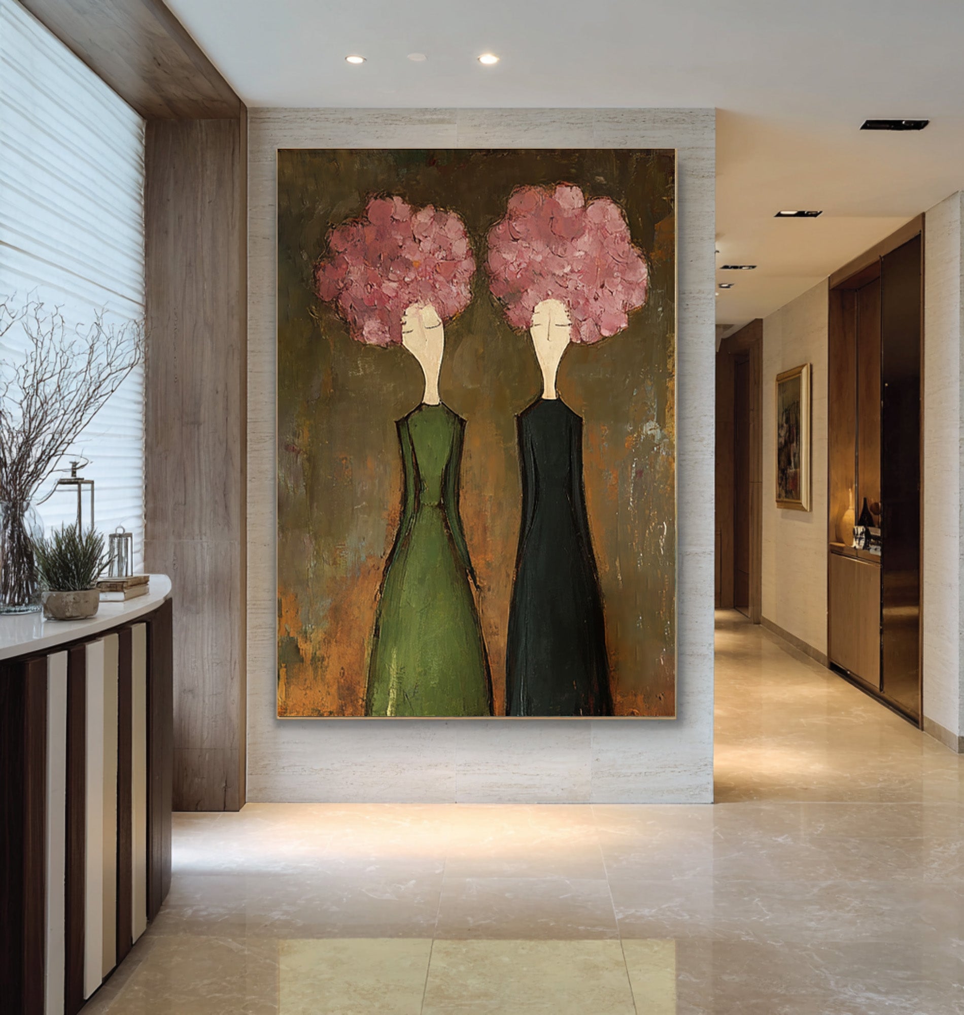 Large Modern Floral Portrait Oil Painting on Canvas – Green Dress Statement Wall Art #WAC 042