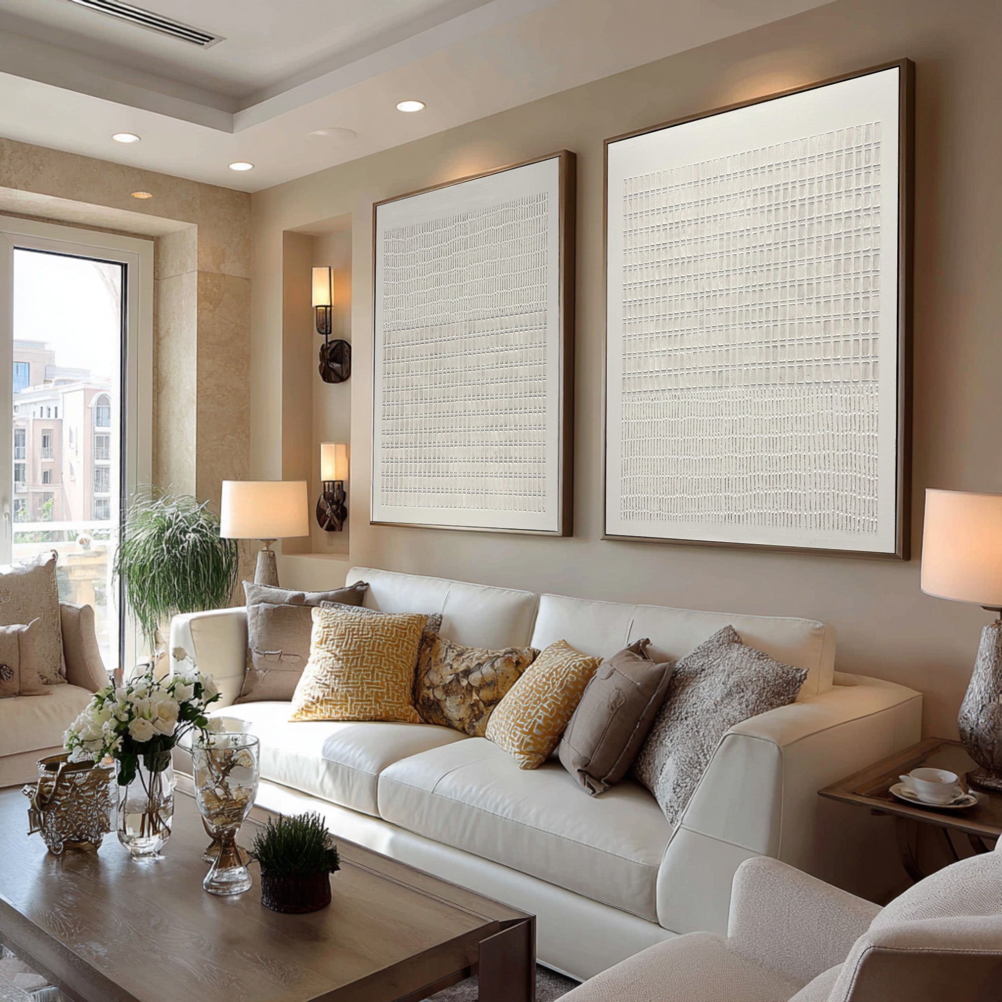 Large Minimal Abstract Oil Painting Set, Beige Grid Textured Wall Art for Living Room Decor #WAC 019