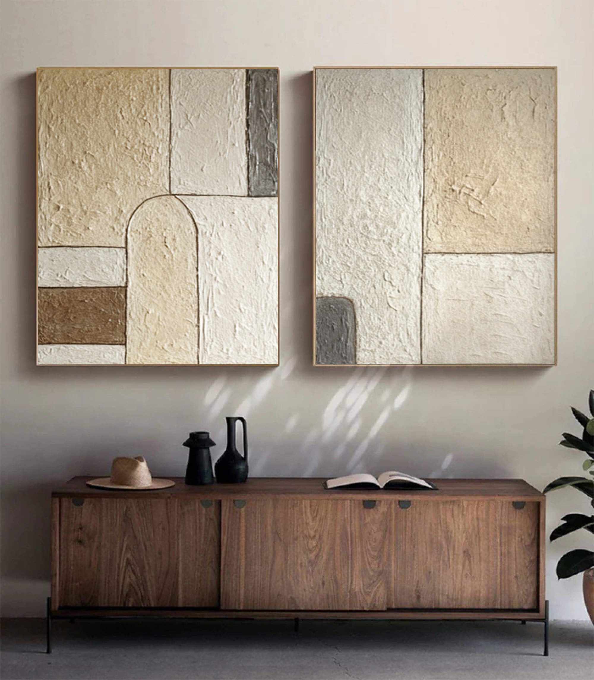 Textured Geometric Paintings Duo Contemporary Beige #WG 047